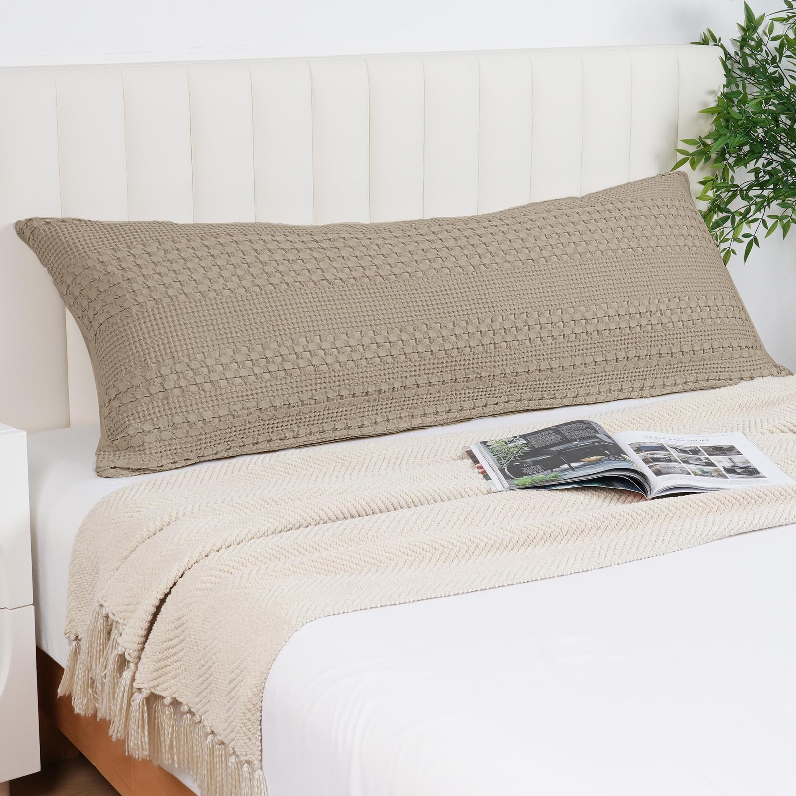 phf 100% cotton waffle body pillowcase with zipper, 1 pack 20" x 54" soft skin-friendly pillow sham, no filling, aesthetic woven and breathable waffle weave body pillow cover for bed, simply taupe