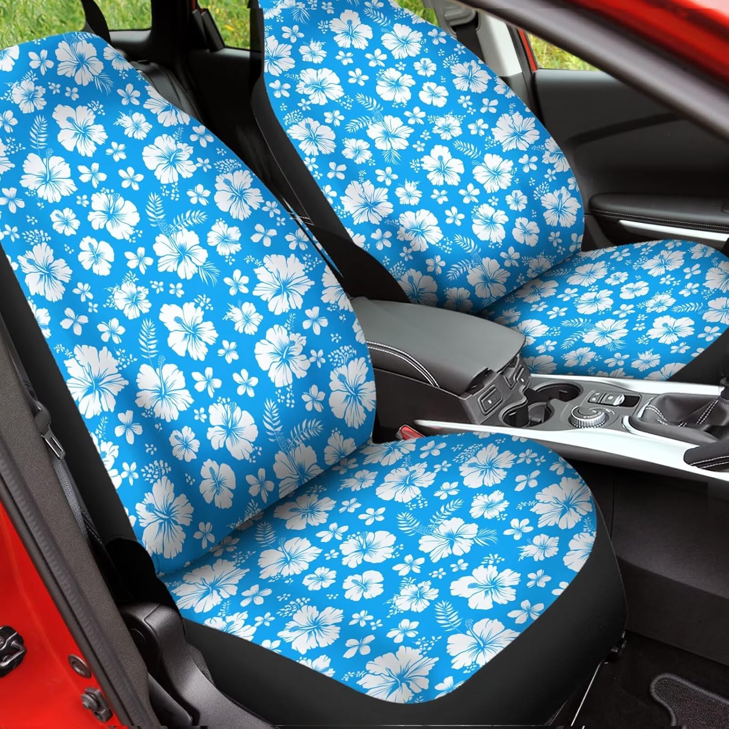 Blue Hibiscus Floral Front Car Seat Covers Only, 2pcs Auto Universal Seat Protector, Men Women Automobile Interior Decorate Accessories