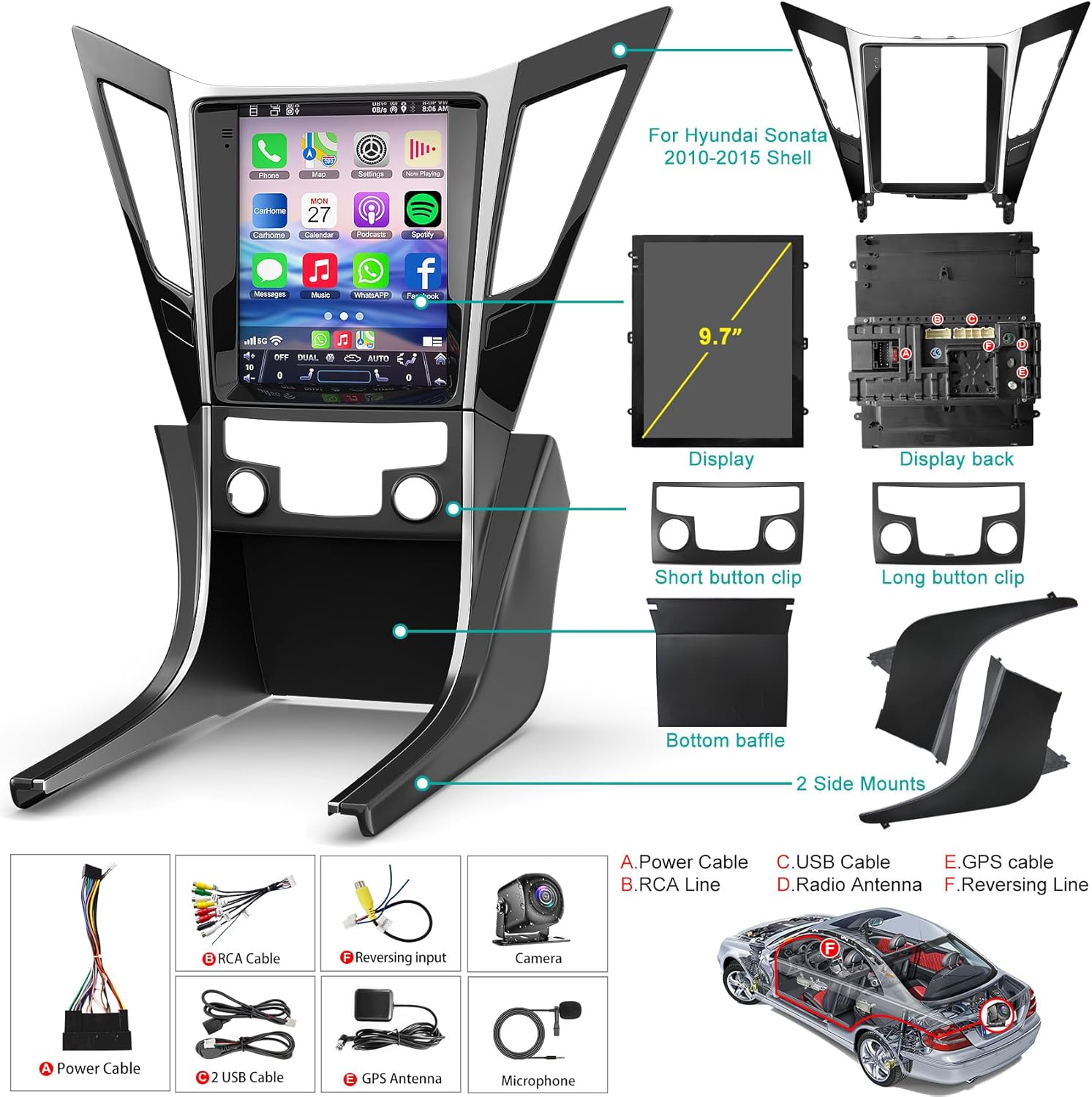 Car Radio for Hyundai Sonata 2010-2015 | Support Wireless Apple Carplay Android Auto | GPS Navigation| Android 15 9.7" Touch Screen FM Bluetooth Head Unit | Backup Camera | 4G+64G