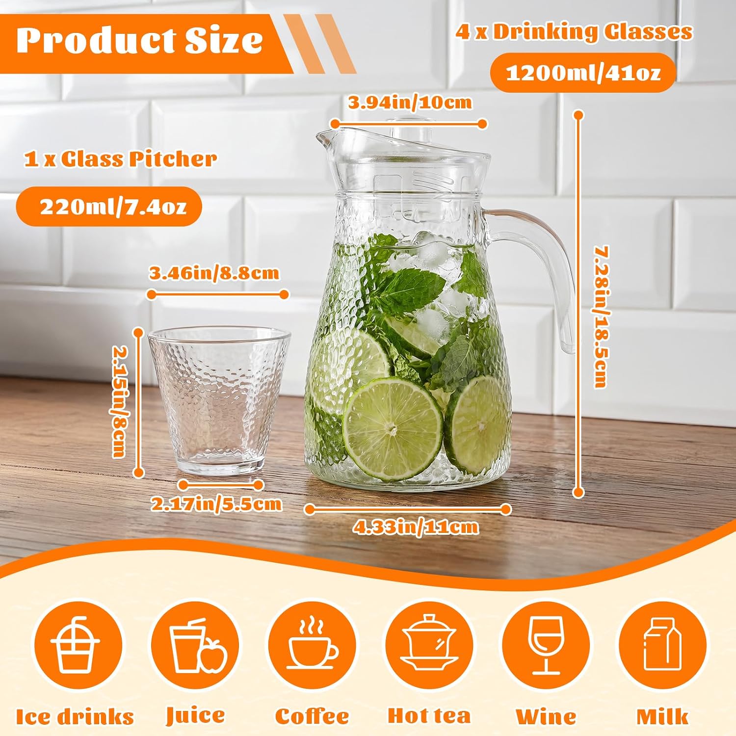 5 Pack Glass Pitcher and Drinking Glasses Set, 41 oz Water Jug with Lid and Spout for Fridge, Glass Beverage Set for Home Party, Water, Juice, Iced Tea, Lemonade, Sangria(Clear,Hammered)
