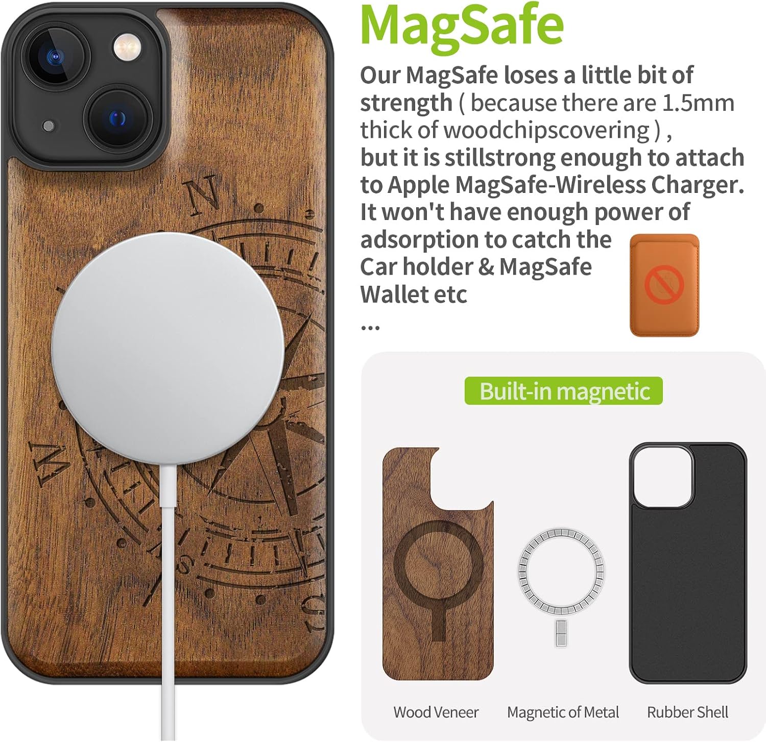 Carveit Magnetic Wood Case for iPhone 13 Case [Hard Real Wood & Soft TPU] Unique & Classy Wooden Shockproof Hybrid Protective Cover Compatible with MagSafe (Vintage Compass Carving-Walnut)