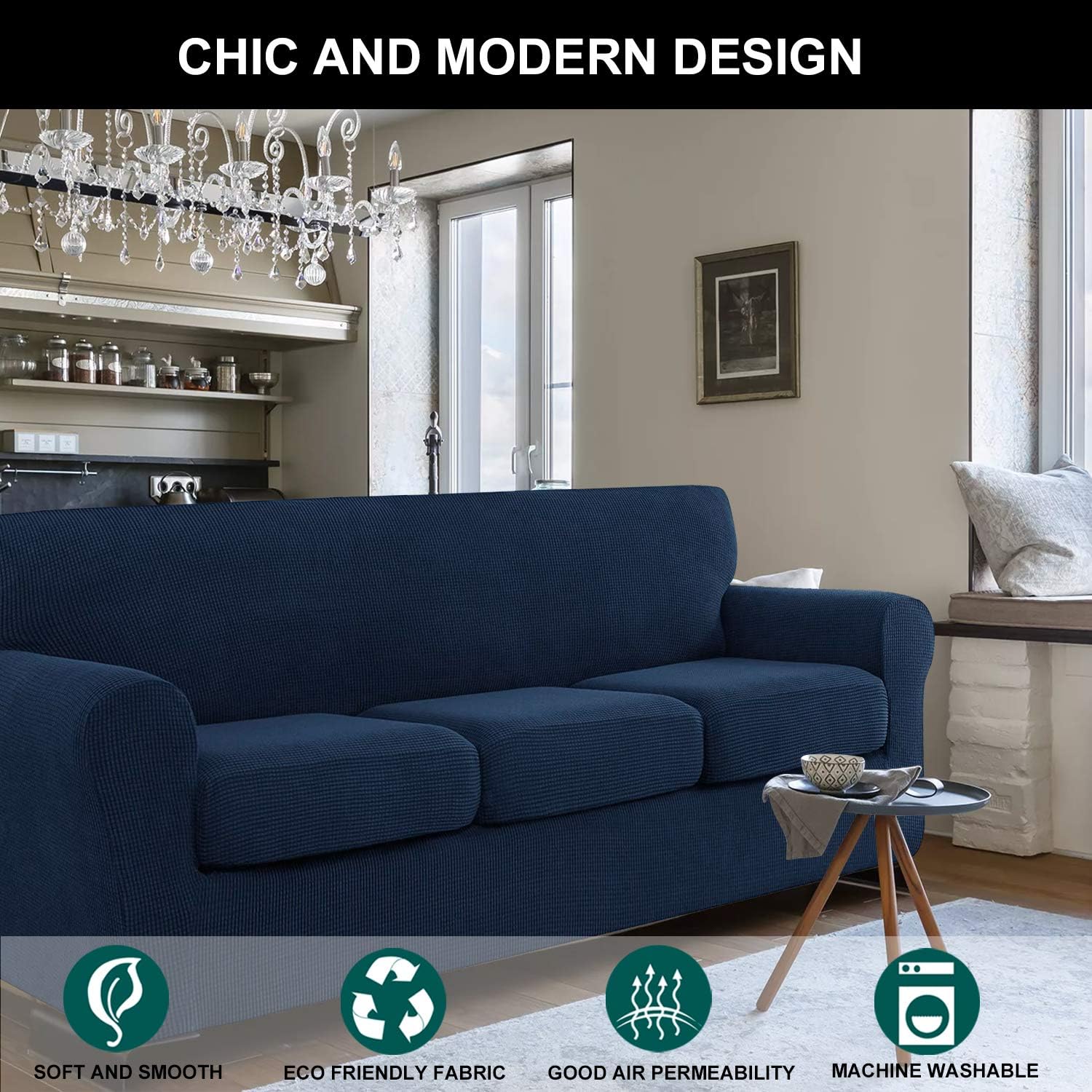 NORTHERN BROTHERS Couch Covers for 3 Cushion Couch Sofa, 4 Pieces Stretch Soft Sofa Couch Slipcovers for 3 Seat Cushion Couch, Navy Blue Washable Pet Sofa Furniture Covers for Living Room