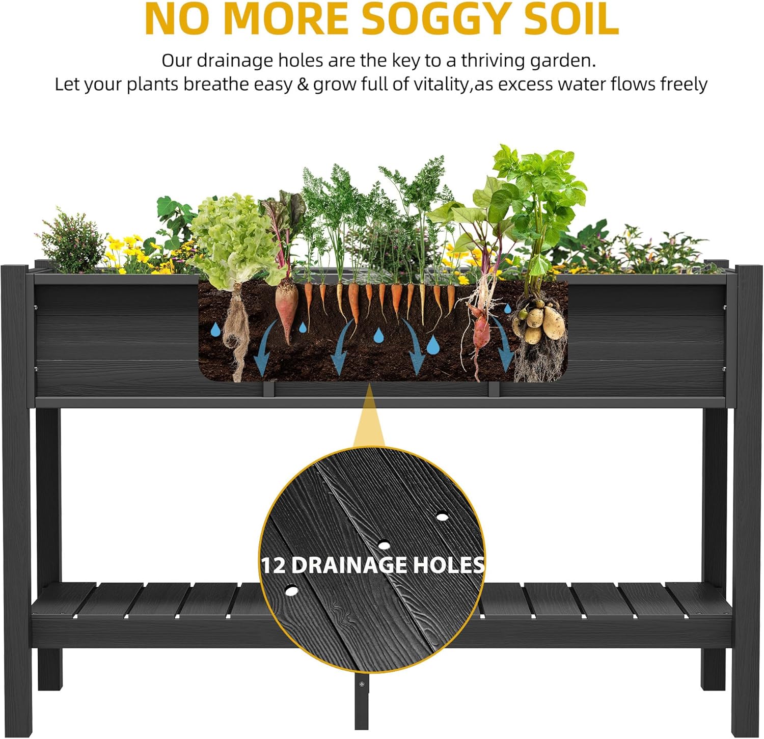 DWVO 48x18x30in Raised Garden Bed Kit, HDPE Planter Box Stand, Poly Wood Weather-Resistant Planter Box with Legs & Storage Shelf, Elevated Garden Bed for Backyard, Patio, Balcony,Black