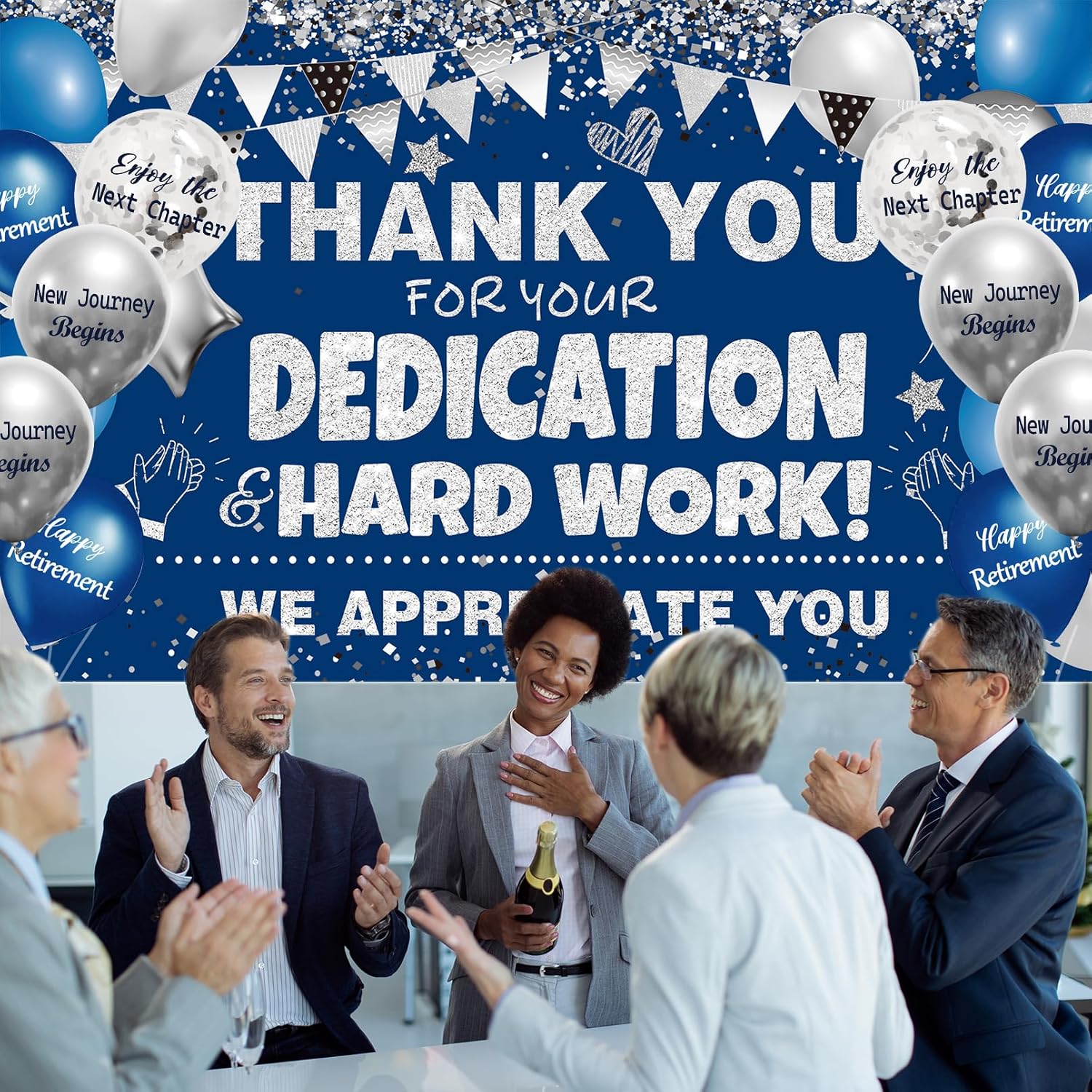 We Appreciate You Decorations Blue Silver Thank You Banner with 18pcs Balloons Thank You Backdrop for Teacher Employee Staff Doctors Nurse Poaster Volunteer Appreciation Week Party Decor - Image 3