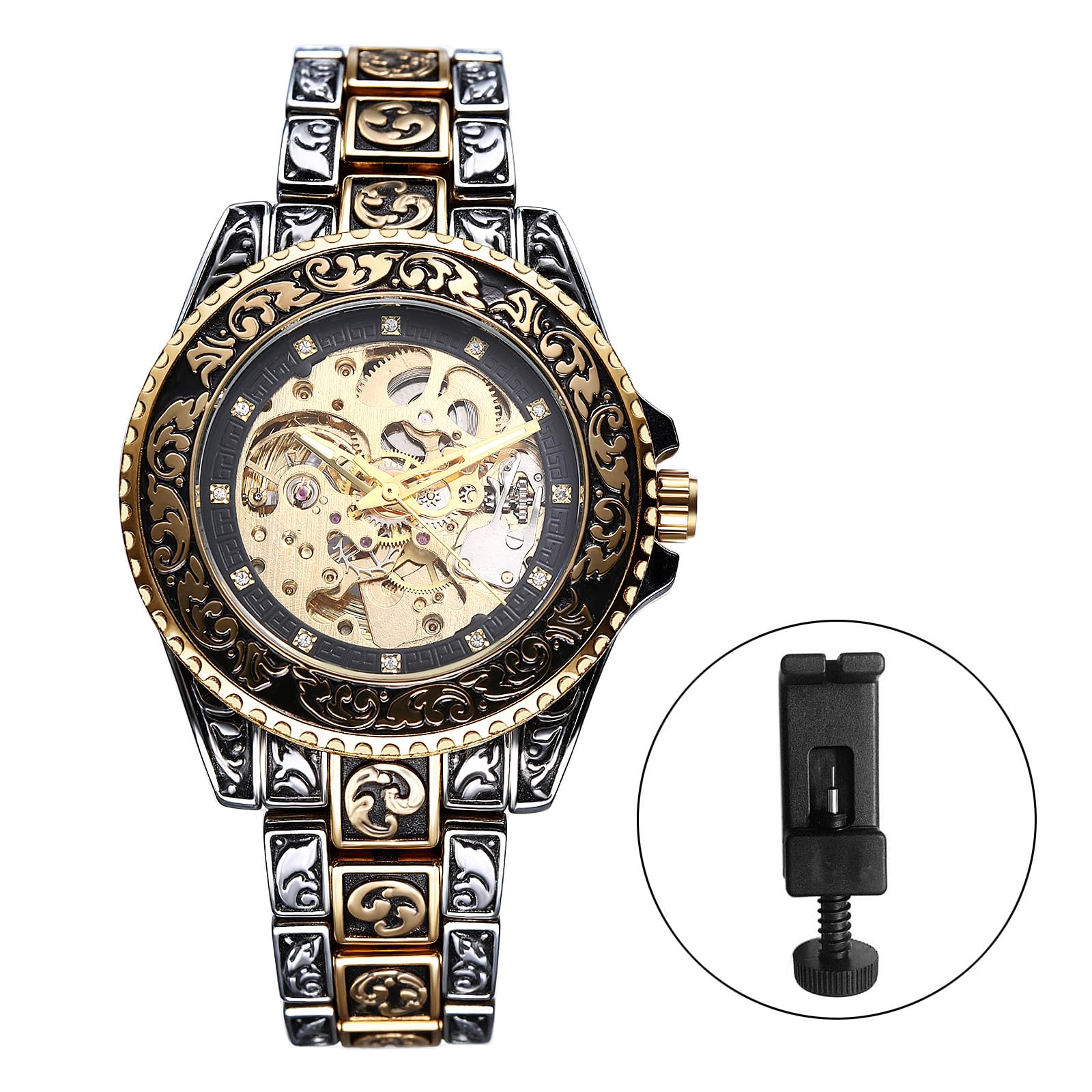 JewelryWe Zegarek męski w stylu vintage, szkielet, zegarek automatyczny: antyczny złoty, 36 godzin rezerwy biegów, automatyczny, mechaniczny zegarek na rękę, stal nierdzewna, automatyczny zegarek ze