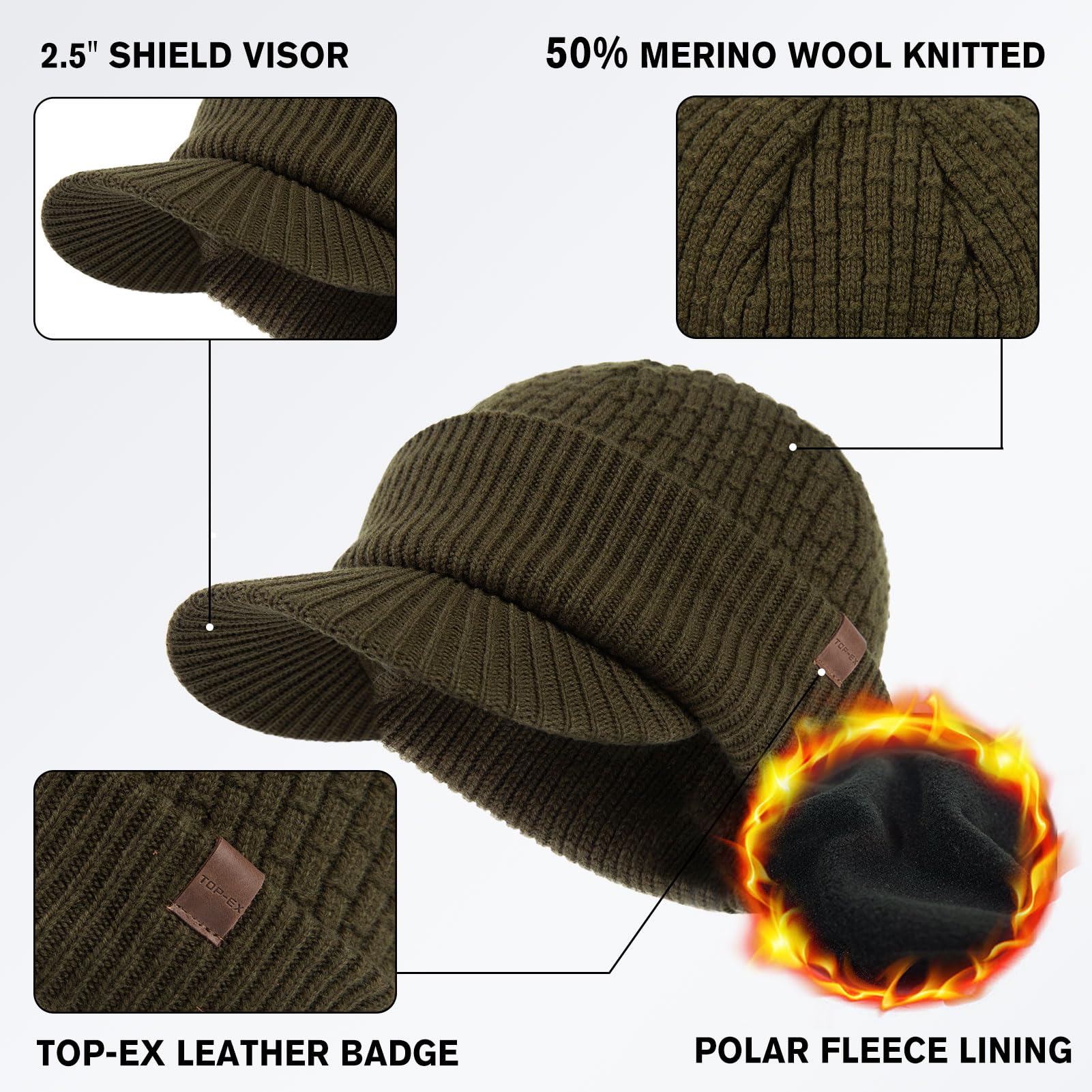 TOP-EX PolarWool™ - Berretto con visiera in 50% lana merino, unisex, con fodera in pile, con visiera termica invernale da golf, per la stagione fredda, M-XXL
