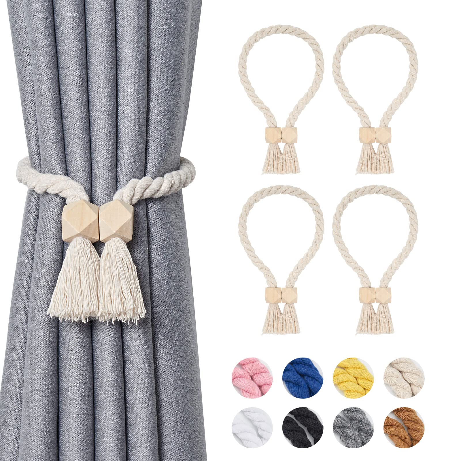 NICEEC 4 Pack Wooden Polyhedron Magnetic Curtain Tiebacks Boho Home Decor Drape Tie Backs Natural Cotton Hand Woven Rope Curtain Holdbacks for Home & Office Window Draperies (Beige)