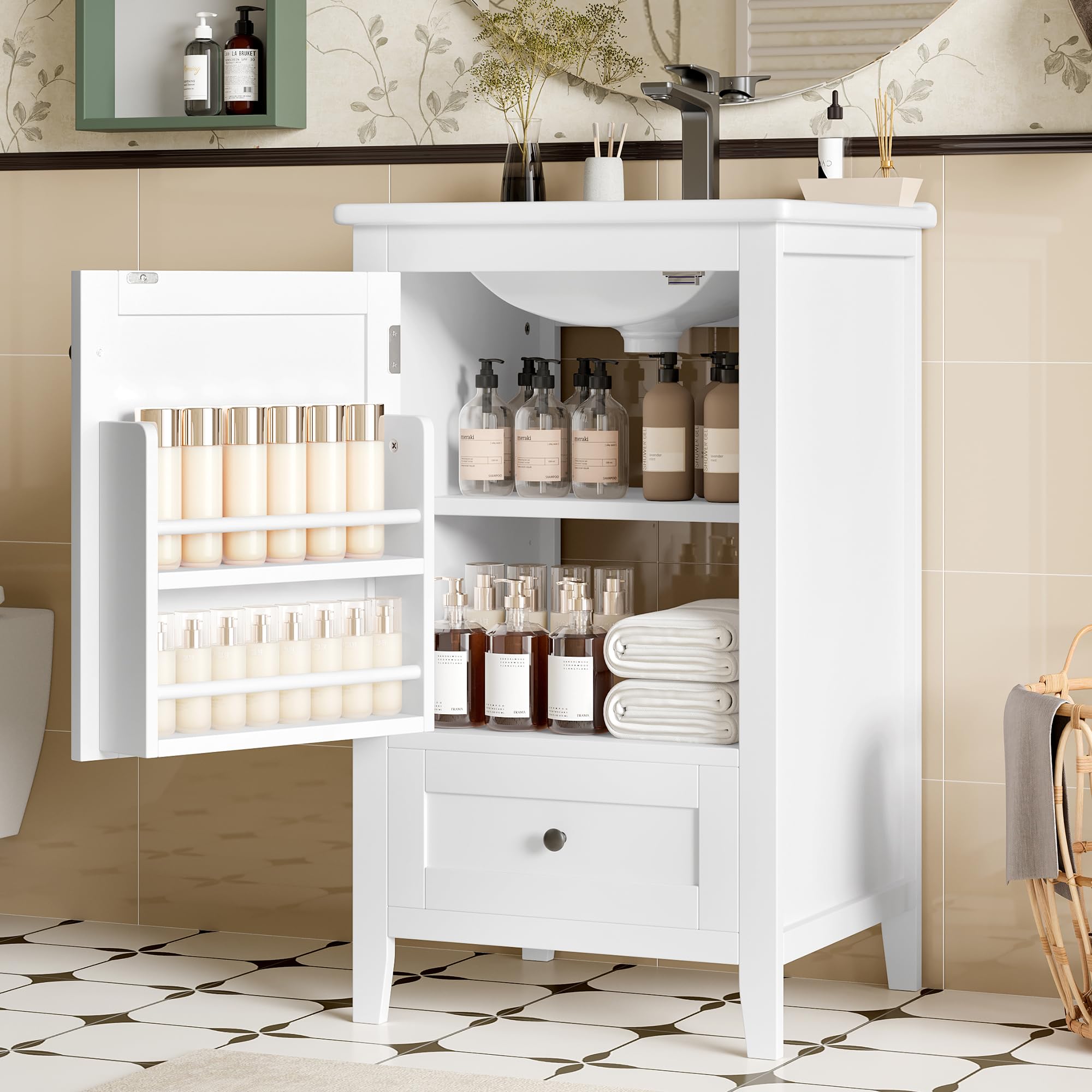 51 x 46 x 85 cm, mueble de baño de pie con lavabo, lavabo completamente lacado, estante para puerta, cajón silencioso con gran capacidad, estante ajustable, lavabo de cerámica, color blanco