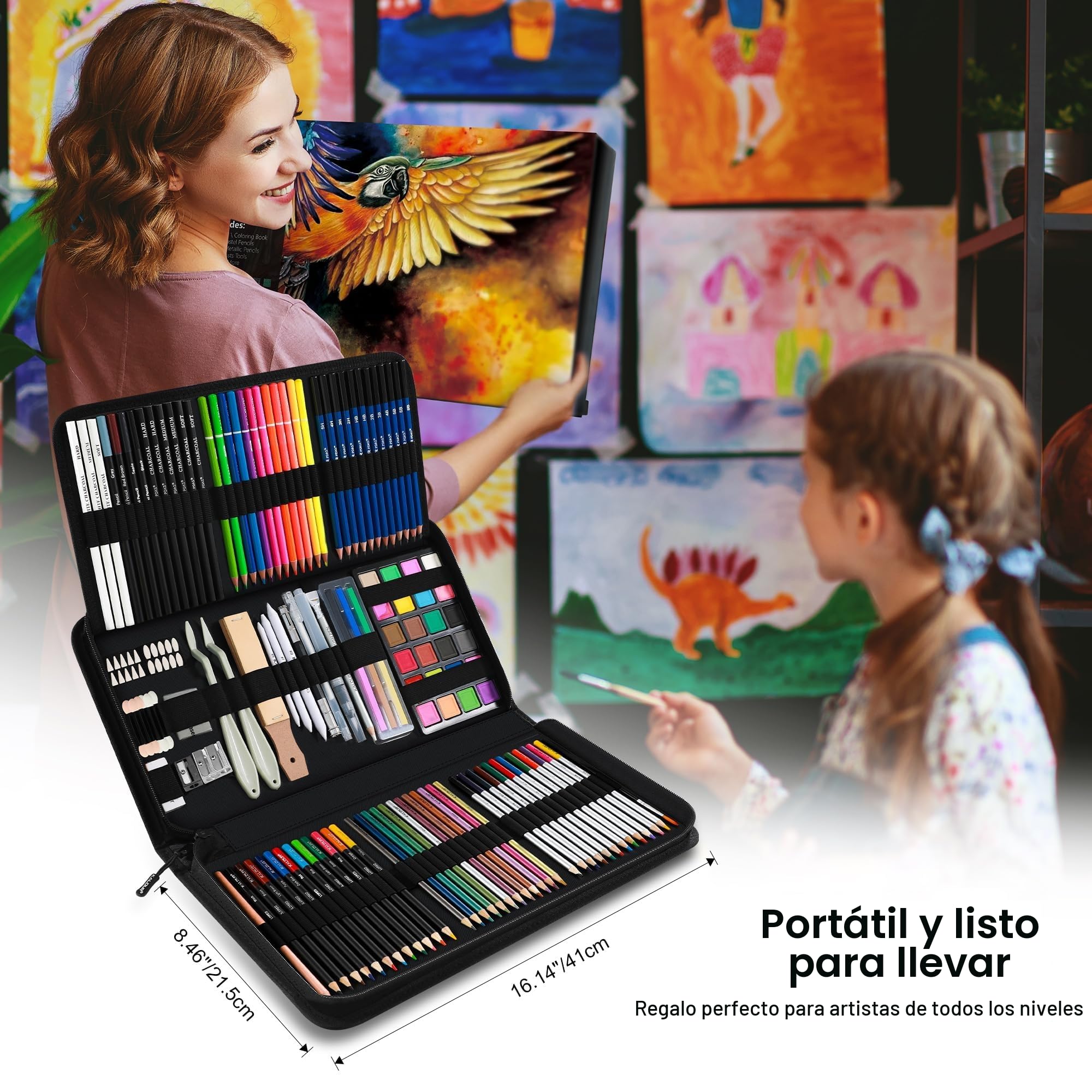 KALOUR 154 piezas de suministros de arte para artistas, kit de dibujo con 6 cuadernos de bocetos, tutorial, papel para colorear, grafito, carbón, acuarela y lápices metálicos, para artistas y