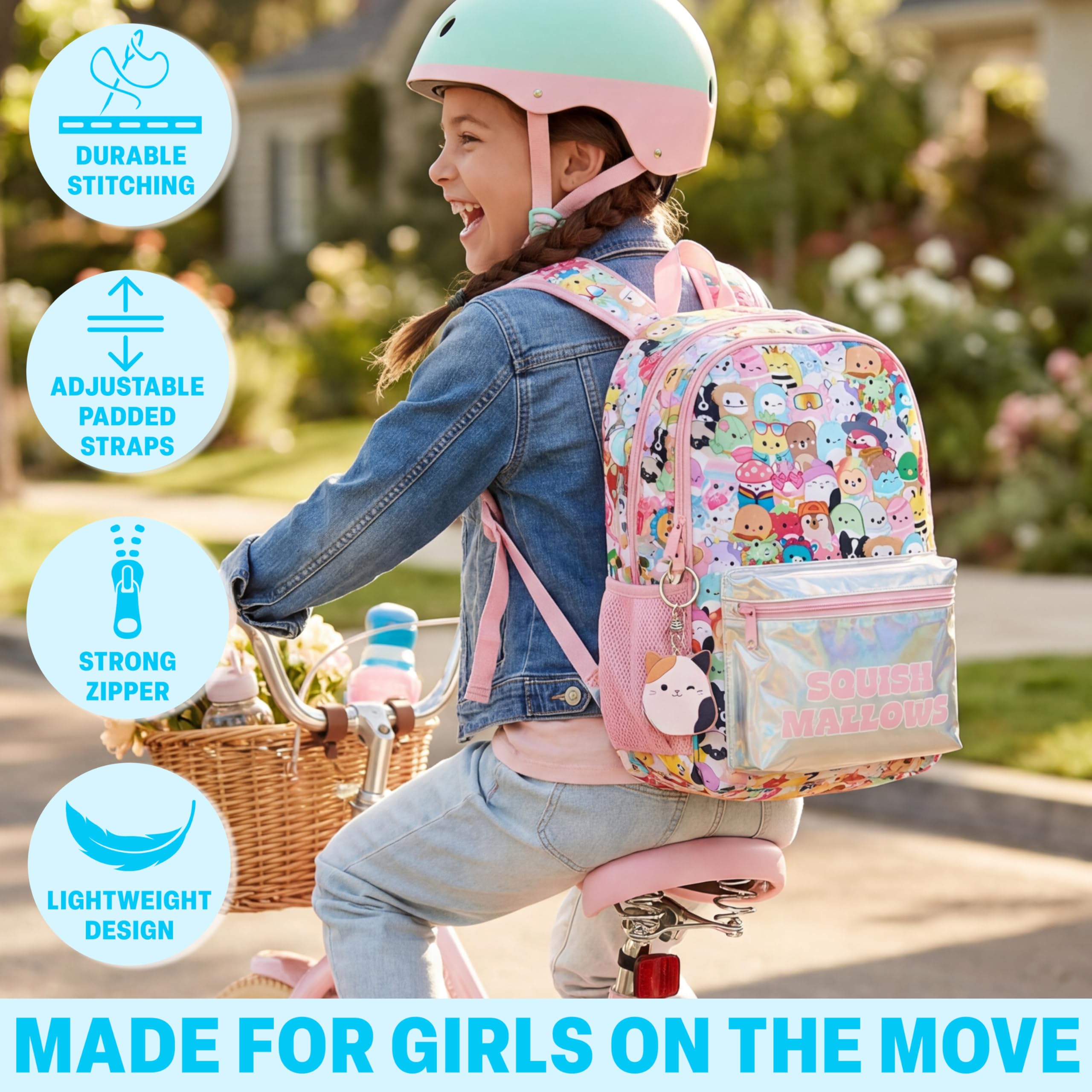 Get Trend Squishmallows Sac a Dos Enfant Fille, Bretelle Réglable Rembourré et Fermeture Eclair Cartable avec 2 Porte Clef, Cadeau Fille (Multi Squishmallows)