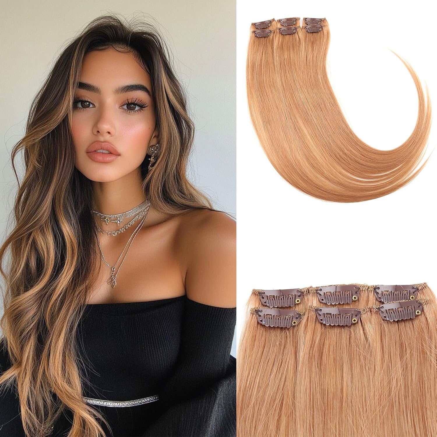 Bella Hair Clip-in Human Hair Extensions Real Human Hair - 30g 6pcs 22 inch Lightweight Straight Remy Human Hair Hairpieces for Highlights & Mix Shades - #18 Honey Blonde