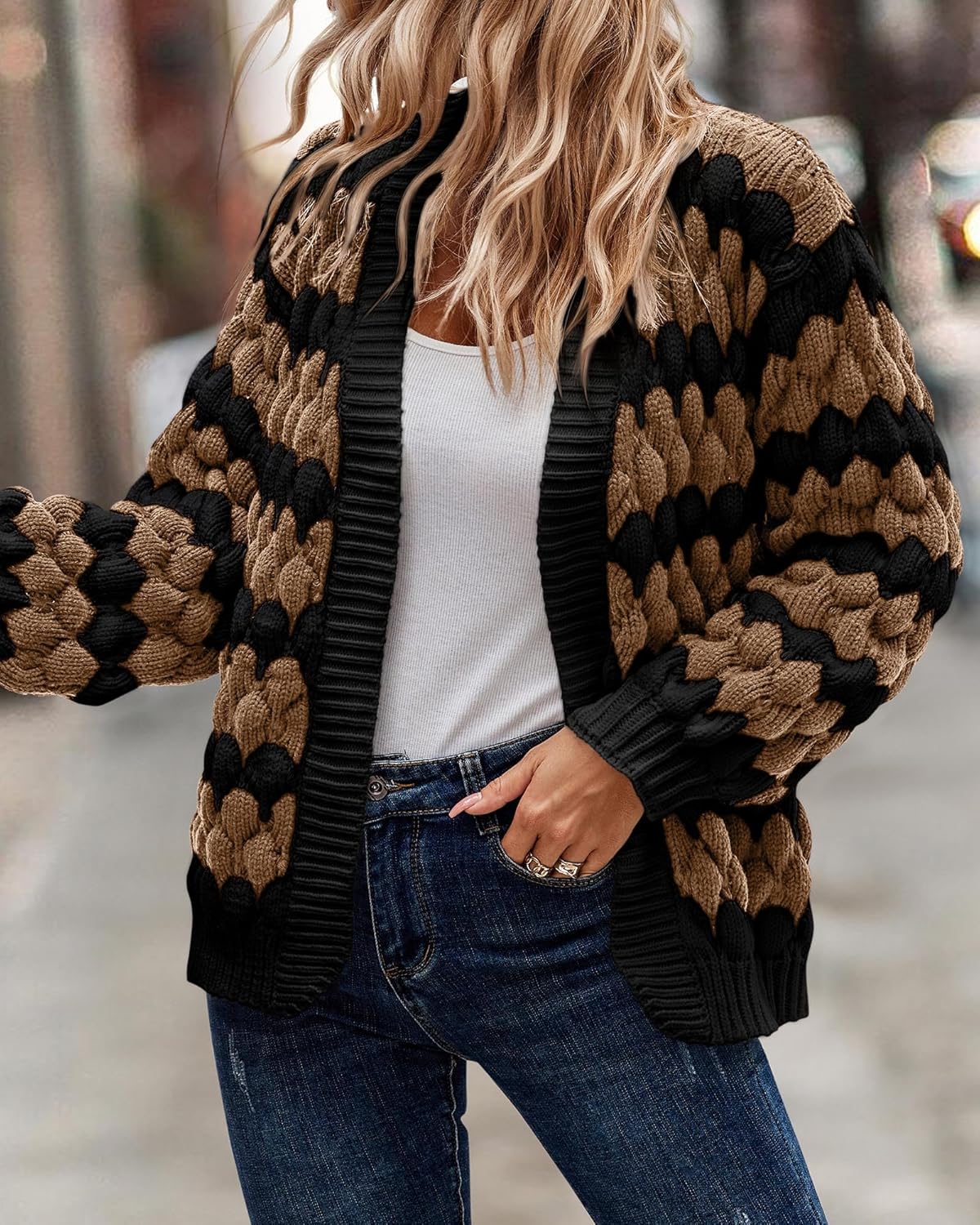 KIRUNDO Womens Cardigan Chunky Fall Fashion Lantern Sleeve Open Front Striped Color Block Cable Knit Winter Sweater Coats - Image 7