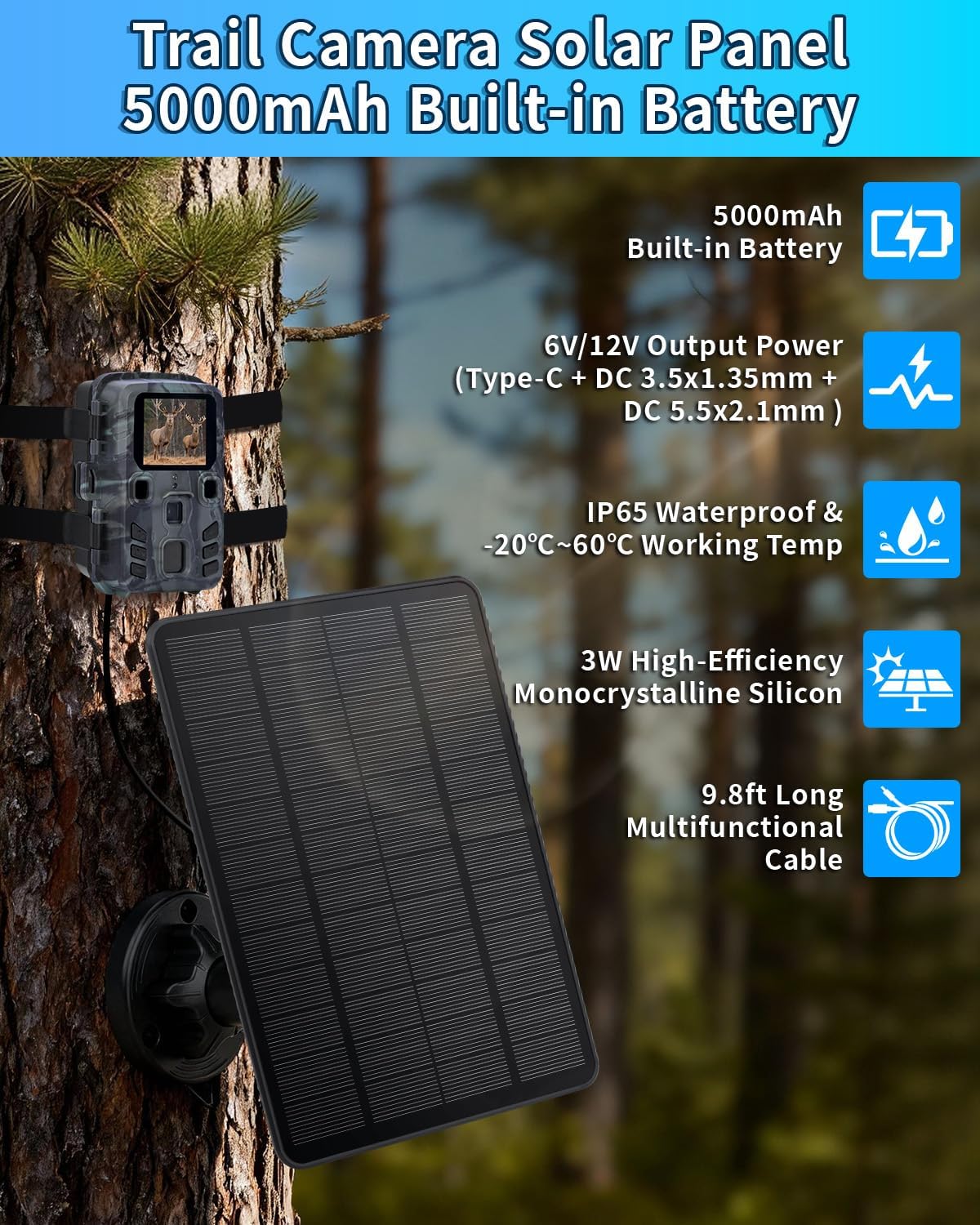 Trail Camera Solar Panel, 3W Solar Panel Charger with 5000mAh Battery and 12V/1A 6V/1.5A USB-C & DC Port 9.8ft Cable, IP65 Waterproof Solar Panel for Trail Camera,Game Cameras, Hunting Accessory