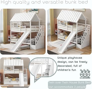 MERITLINE Twin Over Twin Bunk Bed with Stairs and Storage, Kids Twin House Bunk Bed with Slide and Trundle for Girls Boys, White