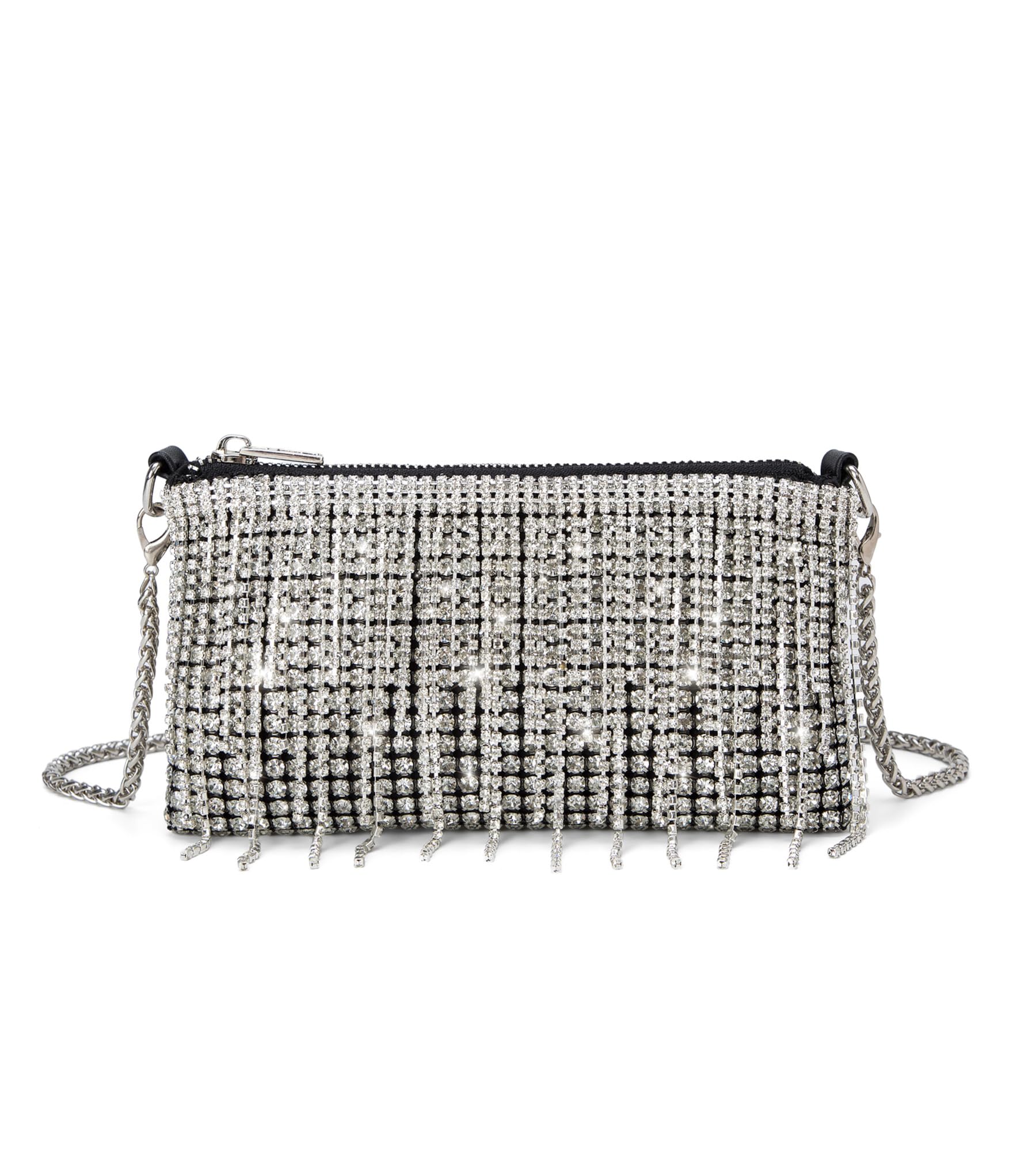 SweetovoWomen Sparkly Rhinestone Purse Tassel Crystal Diamond Crossbody Bag Silver Chain Clutch for Evening Prom Party