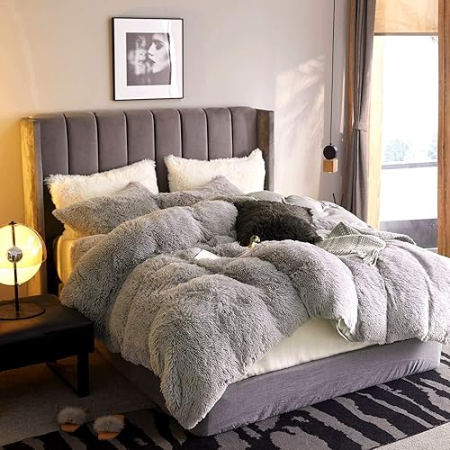 Miniatura 2 de BEDCHOICE Juego de funda de edredón de felpa mullida de 3 piezas, tamaño Queen, de pelo sintético, juego de ropa de cama de terciopelo ultra suave