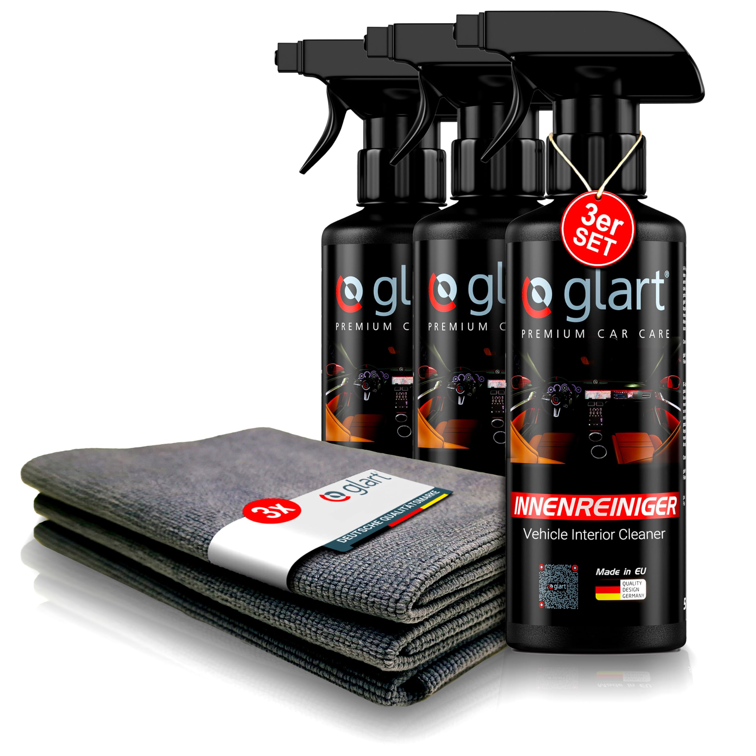 Glart 3x limpiador interior de coche 500 ml + 3 paños de microfibra para el habitáculo del coche, tapicería, cuero, limpiador interior, cuidado del coche
