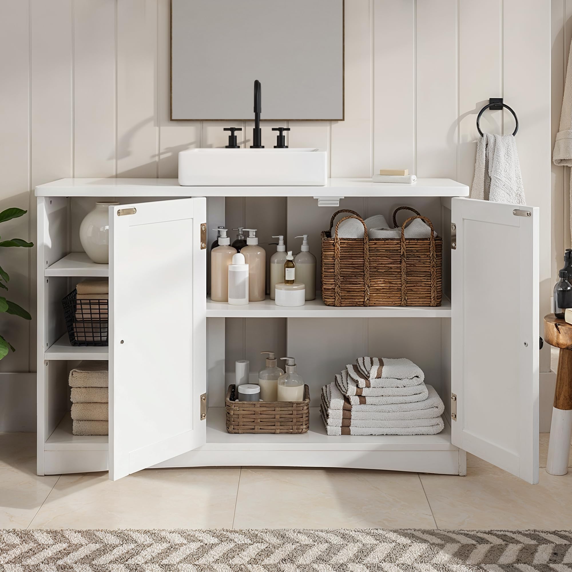 Bealife Szafka pod umywalkę, szafka łazienkowa 90 x 30 x 60 cm, z 2 drzwiami, 5 półkami i wkładaną półką z regulacją wysokości na 3 poziomach, zamknięcie magnetyczne, dużo miejsca do przechowywania