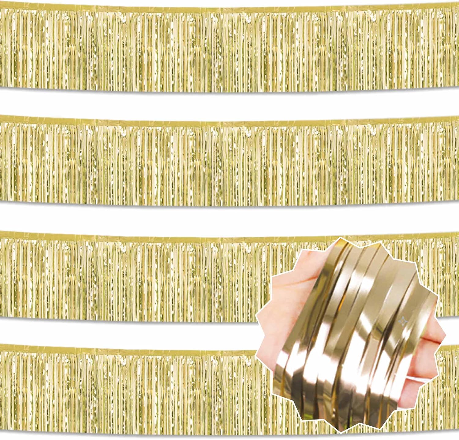 4 Pack 10 Ft Light Gold Foil Fringe Garland Metallic Streamers Tinsel Banner Wall Hanging Garland Backdrop for Parade Floats, Halloween, Christmas, Thanksgiving, New Year Party Decorations