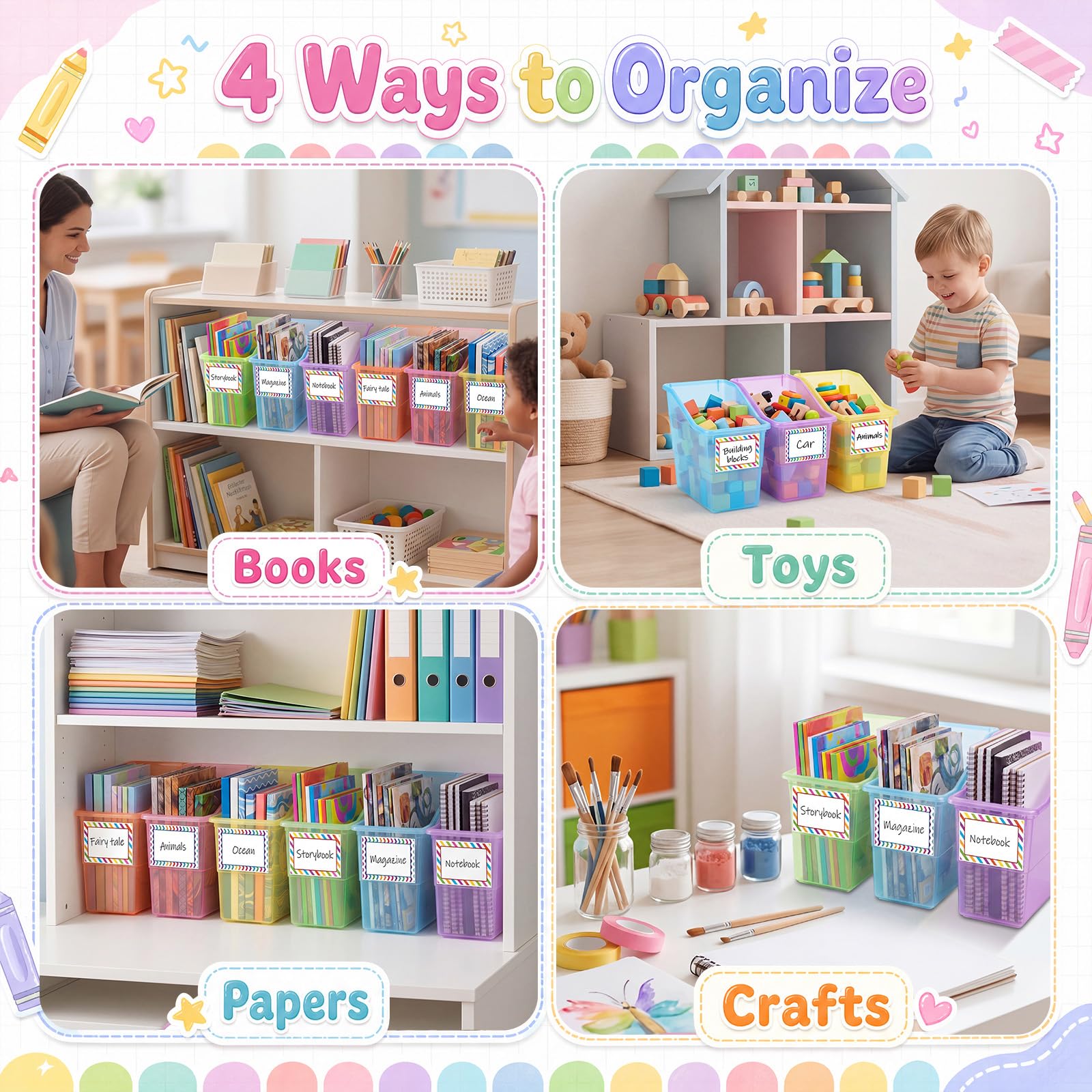 Blosssound Set di 12 contenitori per libri per aule con etichetta adesiva per libri, in plastica, impilabili, per riporre e organizzare in classe, biblioteca, casa, scuola (pastello traslucido)