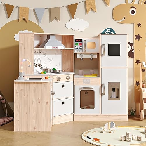 Miniatura 2 de Cocina de juego de madera para niños con luces y sonidos realistas, almacenamiento inteligente, máquina de hielo de simulación, fregadero, estufa,