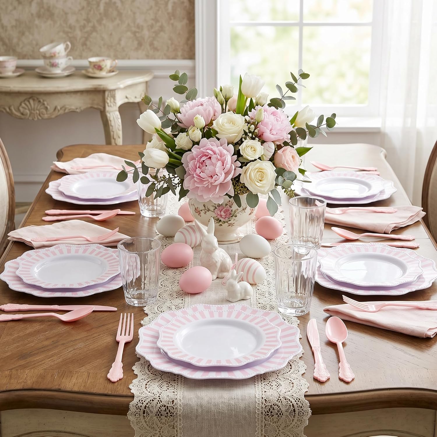 COLOSUS 150PCS White Pink Plastic Plates, Party Plates and Cutlery Set. image 5