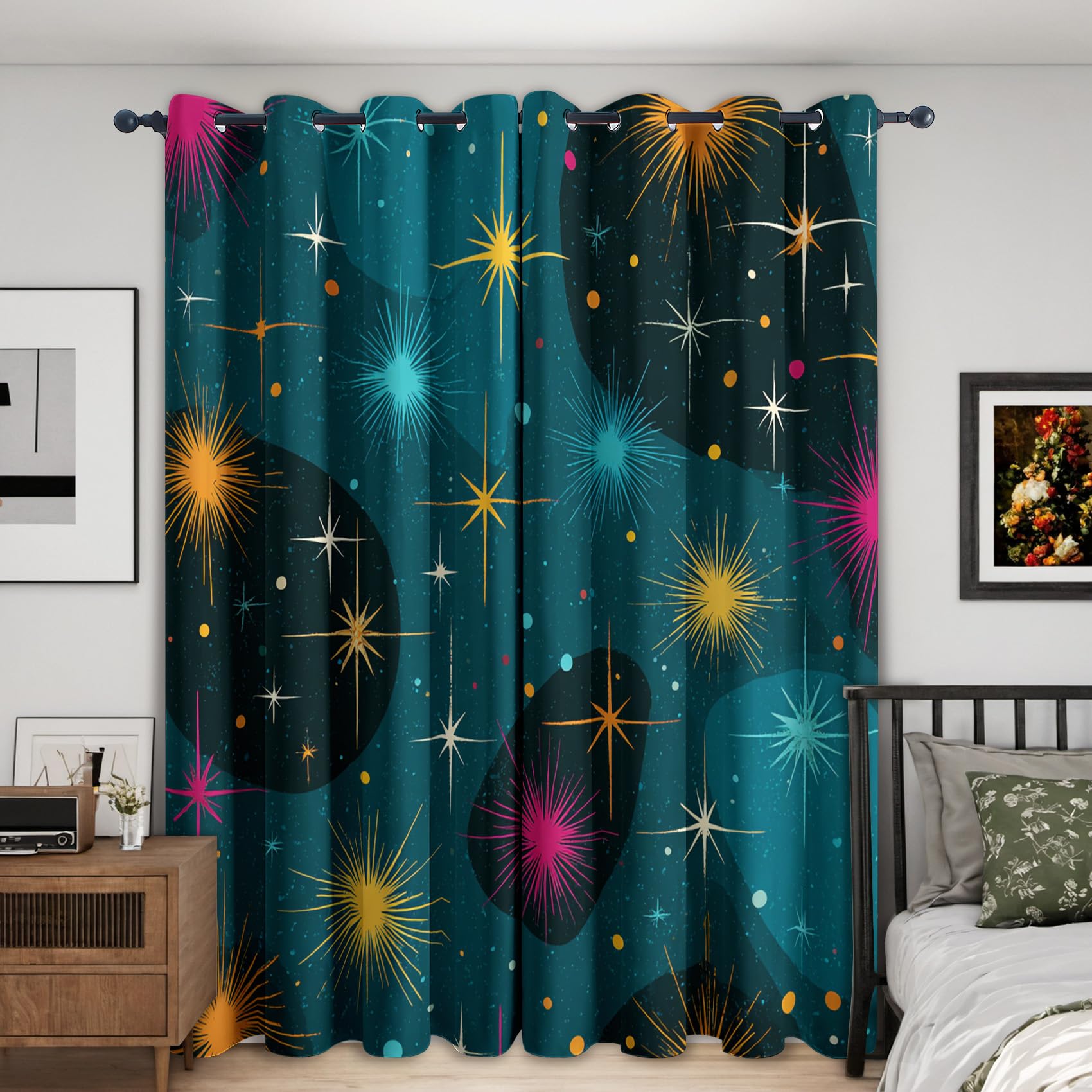 Rideau étoile Occultant Motif Mid Century Retro Rideaux Chambre Salon Cuisine 140 x 220 cm, Oeillets Rail Rideaux Occultants Thermique
