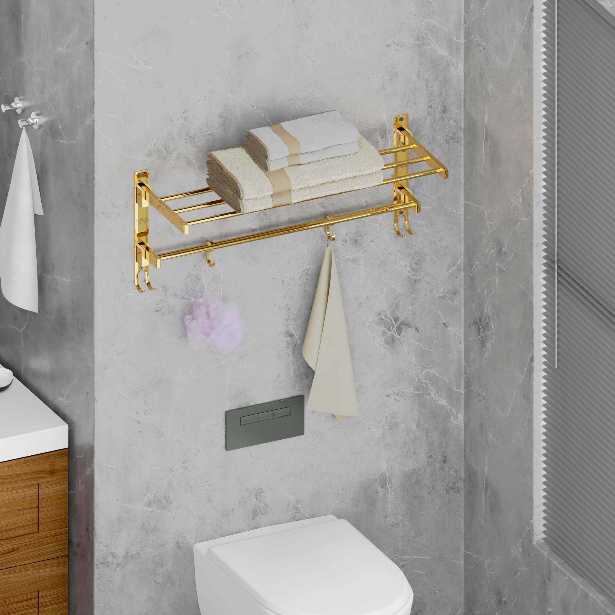 Gold Towel Rack - Wall Mounted Shelf with Hooks -2