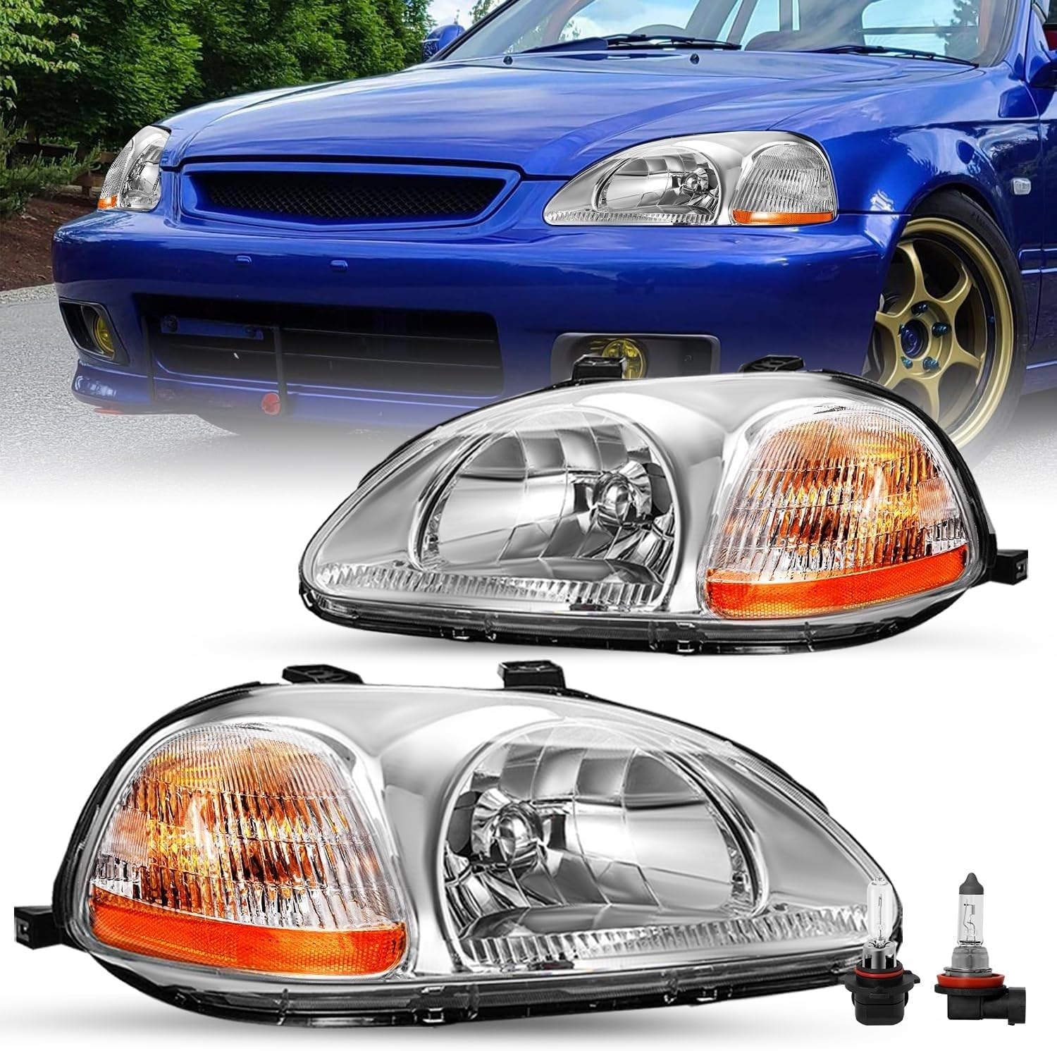 JSBOYAT Headlight Assembly Pair w/Bulbs for 1996 1997 1998 Honda Civic Halogen Headlamp Chrome Housing with Amber Reflector (Driver and Passenger Side