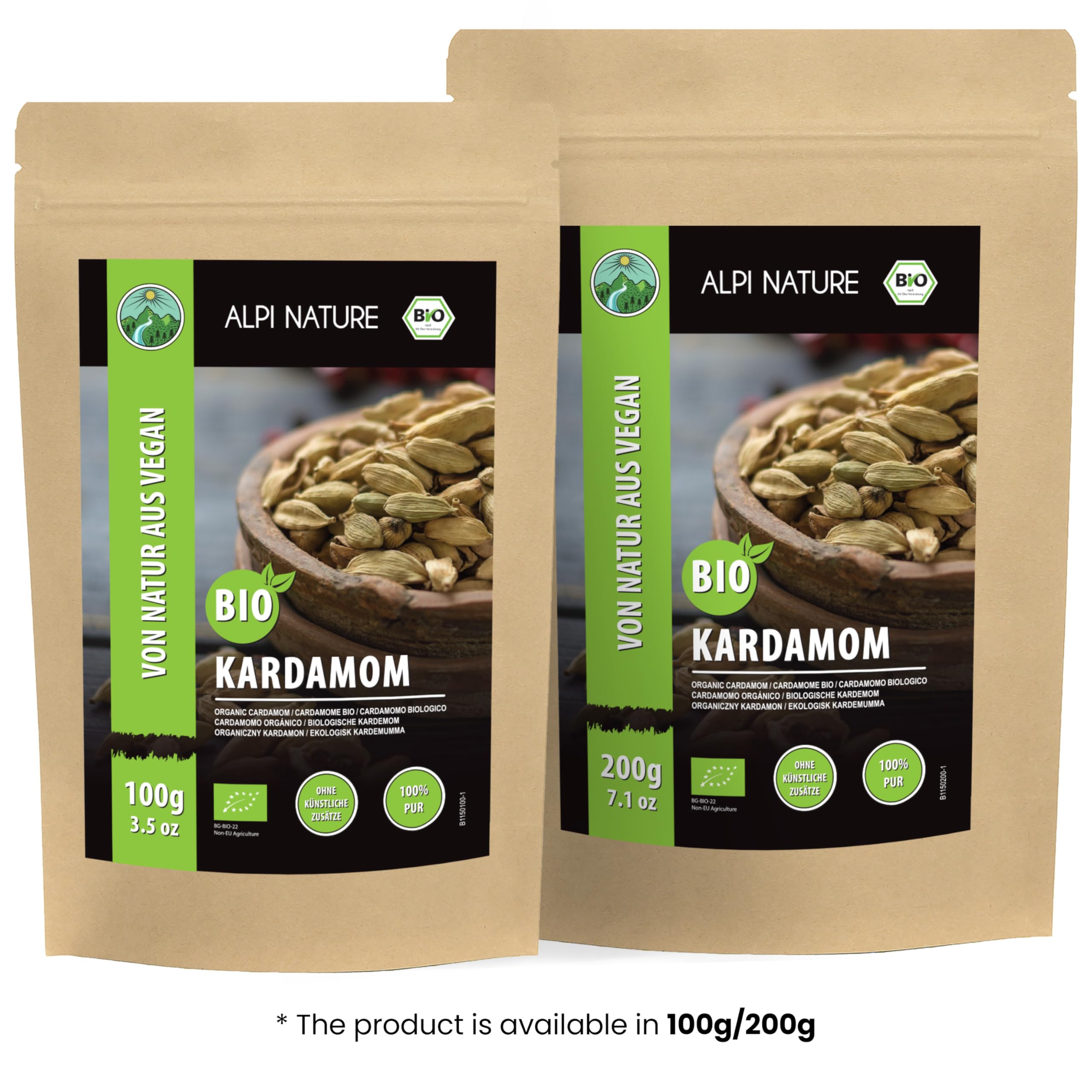 Alpi Nature Cardamome BIO Gousses Entières 200g, Gousses de Cardamome Verte Entières avec Graines pour la Cuisine