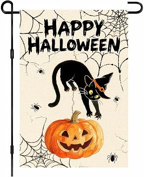 BlissYard Garden Flag Black Cat Spider Web 12x18 Inch Polyester | Yard Banner, Seasonal Sign | Black Cat Outdoor Flag, Spider Web Lawn Decor | Porch, Patio, Entryway Pet Theme
