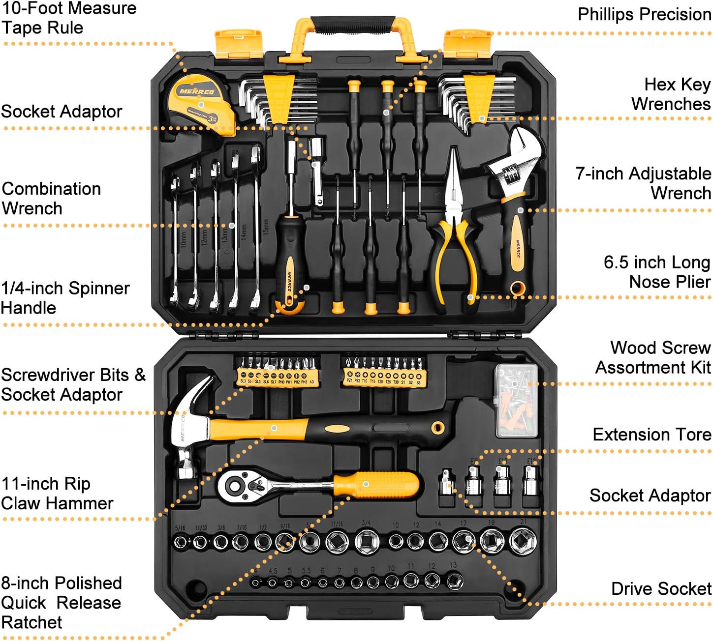 128 Piece Socket Wrench Tool Set Auto Repair Mixed Tool Combination Package Hand Tool Kit with Plastic Toolbox Storage Case 128 pièces