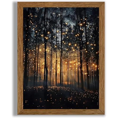 JLTULT Framed Enchanted Forest Firefly Canvas Wall Art, Dark ​Twilight Landscape Wall Decor, Rustic Botanical Nature Tree Art Prints for Bedroom Living Room Office Decoration 8x10 inch Easy to Hang