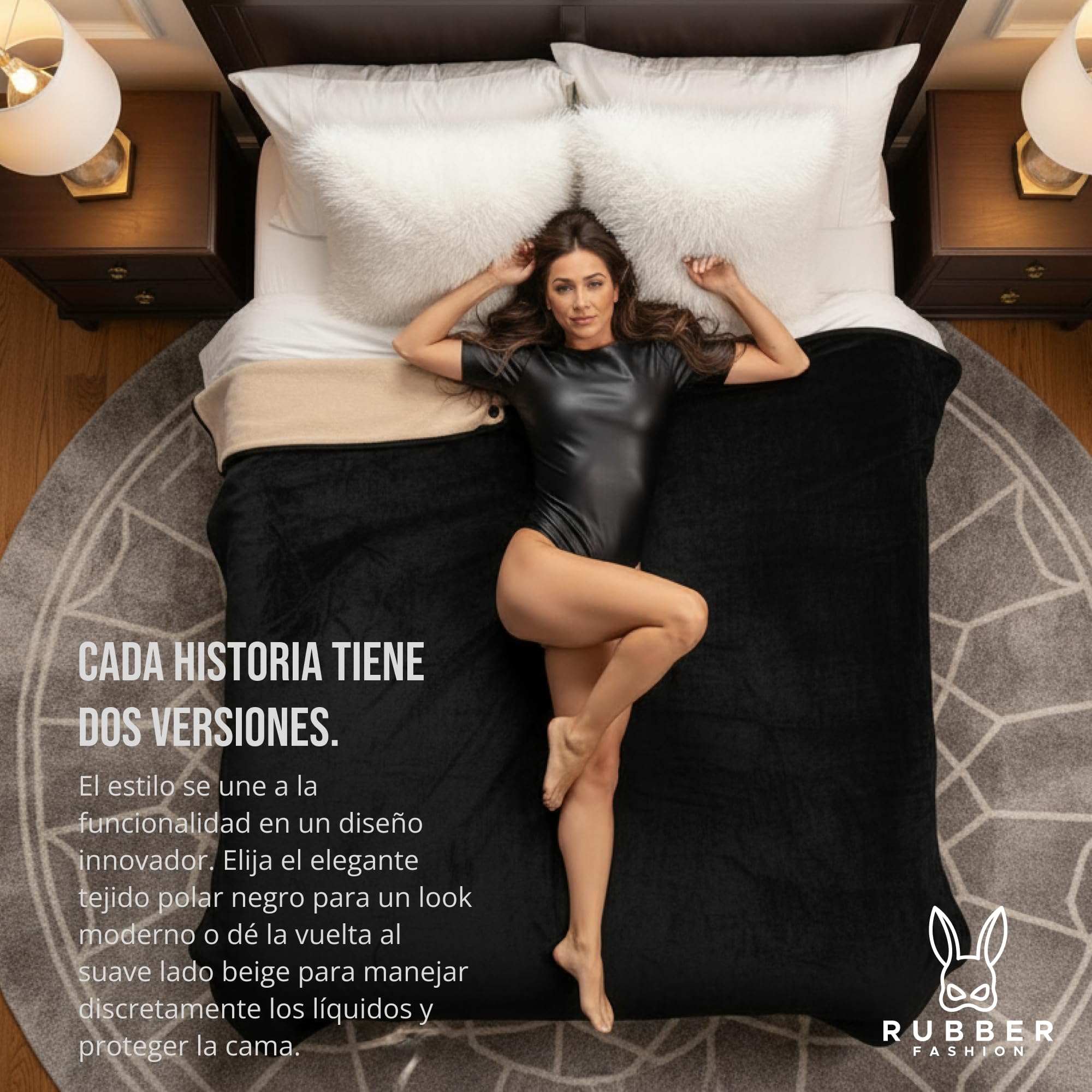 Rubberfashion Manta sexual impermeable suave – Manta de amor para cama y sofá – Base impermeable 200 x 152 cm para momentos románticos y vida cotidiana, color negro y beige