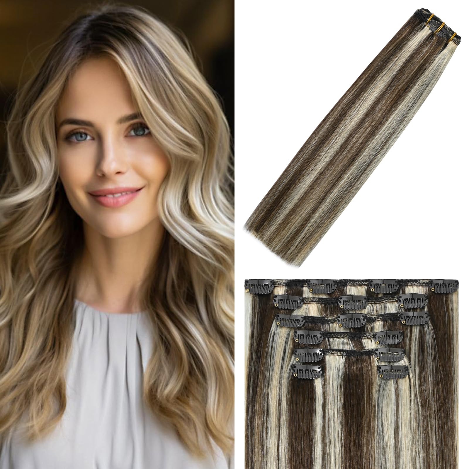 WindTouch Clip in Hair Extensions Medium Brown to Blonde Highlights For Women 20Inch Soft Human Remy Hair Extensions 9A Grade #4P613 75g 7PCS