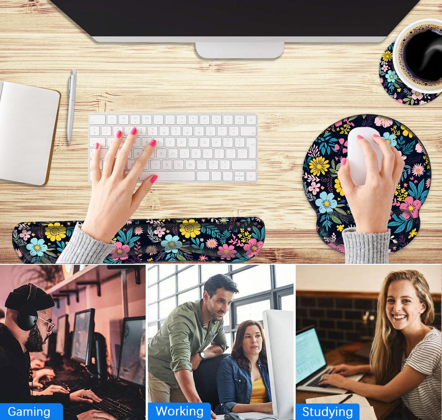 Mouse Pad Wrist Support and Keyboard Wrist Rest with Coaster,Non-Slip Rubber Base Ergonomic Gaming Mousepad for Home Office Working Studying Easy Typing & Pain Relief,Colorful Blooming Floral Flower