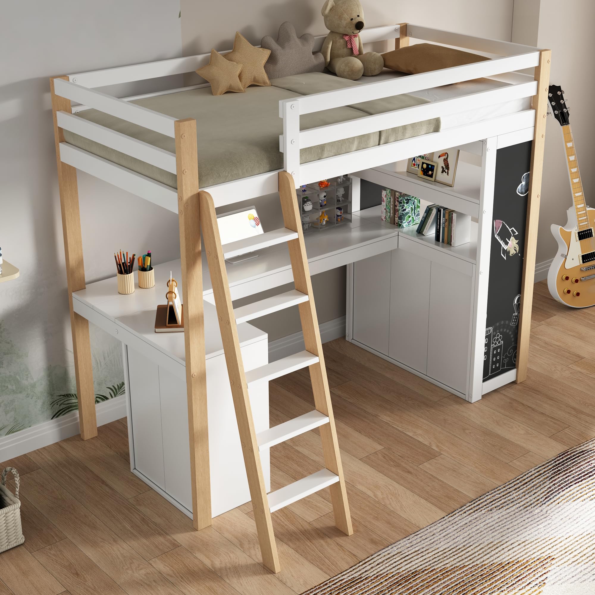 Sapgaks Lit superposé Enfants 90x200 avec Bureau,lit Mezzanine 1 Places 90x200 avec Compartiment de Rangement,avec échelle,Grand tiroir, Tableau Noir,étagère,Blanc + Naturel