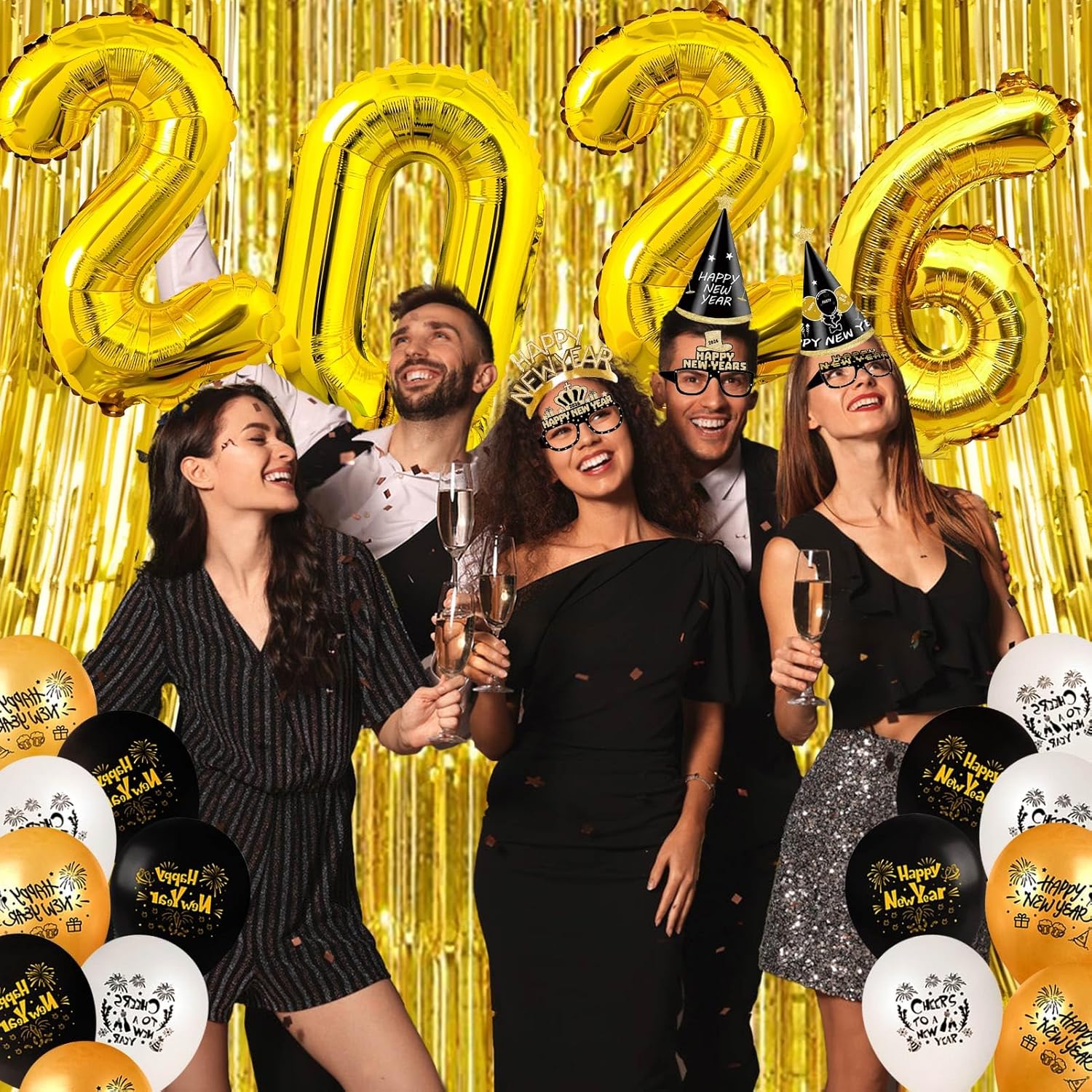 Happy New Year Party Decorations Supplies 2026- Hats, Banner, Glasses, Foil Balloon and Fringe Curtains, New Years Eve Black and Gold Party Decorations - Image 4