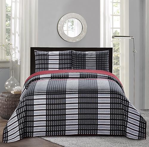 Miniatura 6 de All American Collection - Juego de colcha reversible de 3 piezas diseño de cuadros
