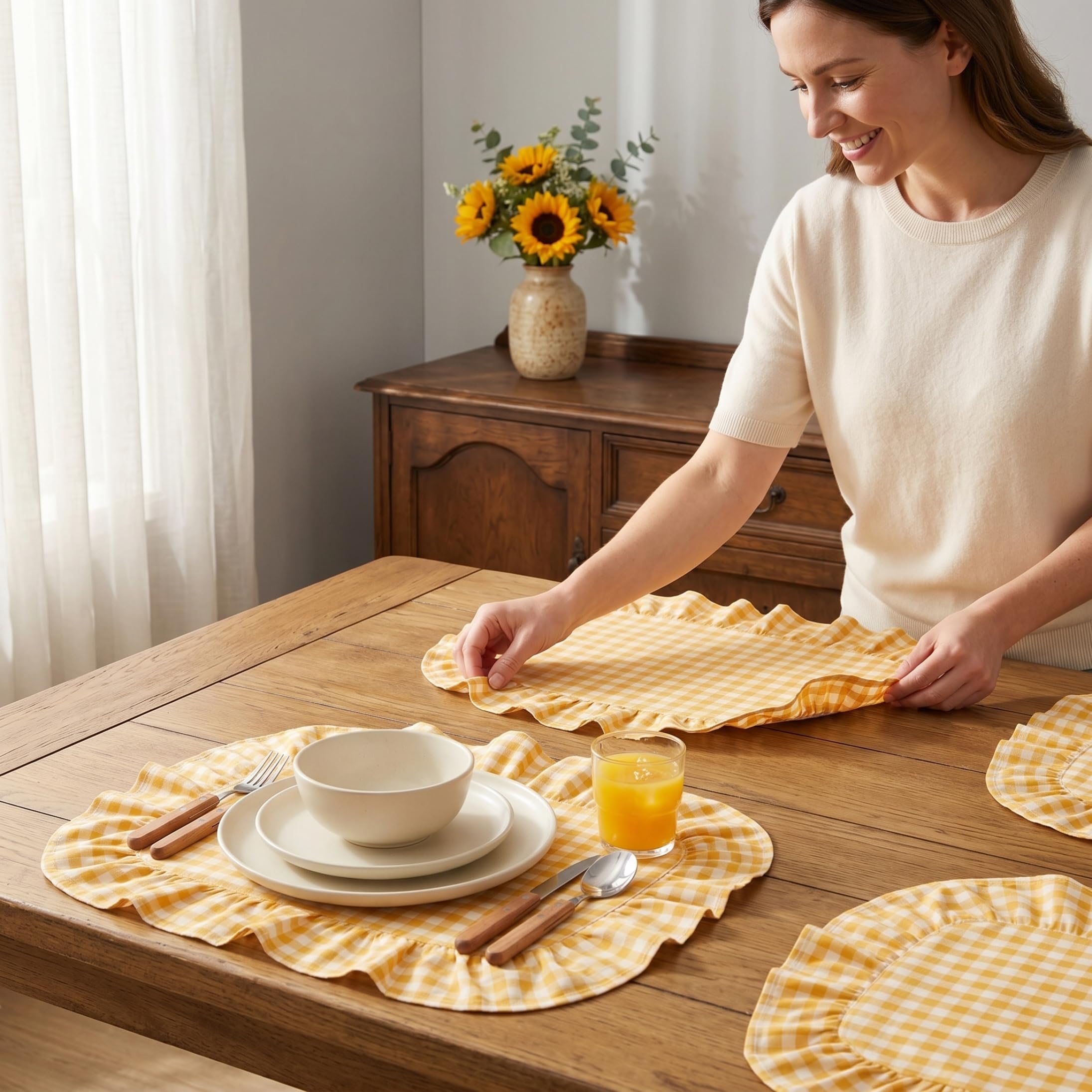 Set Of 4 Scalloped Gingham Placemats, 13.8x17.7inch Scalloped Placemats, Cotton Ruffle Edge Table Mats, Yellow Plaid, Party Decors