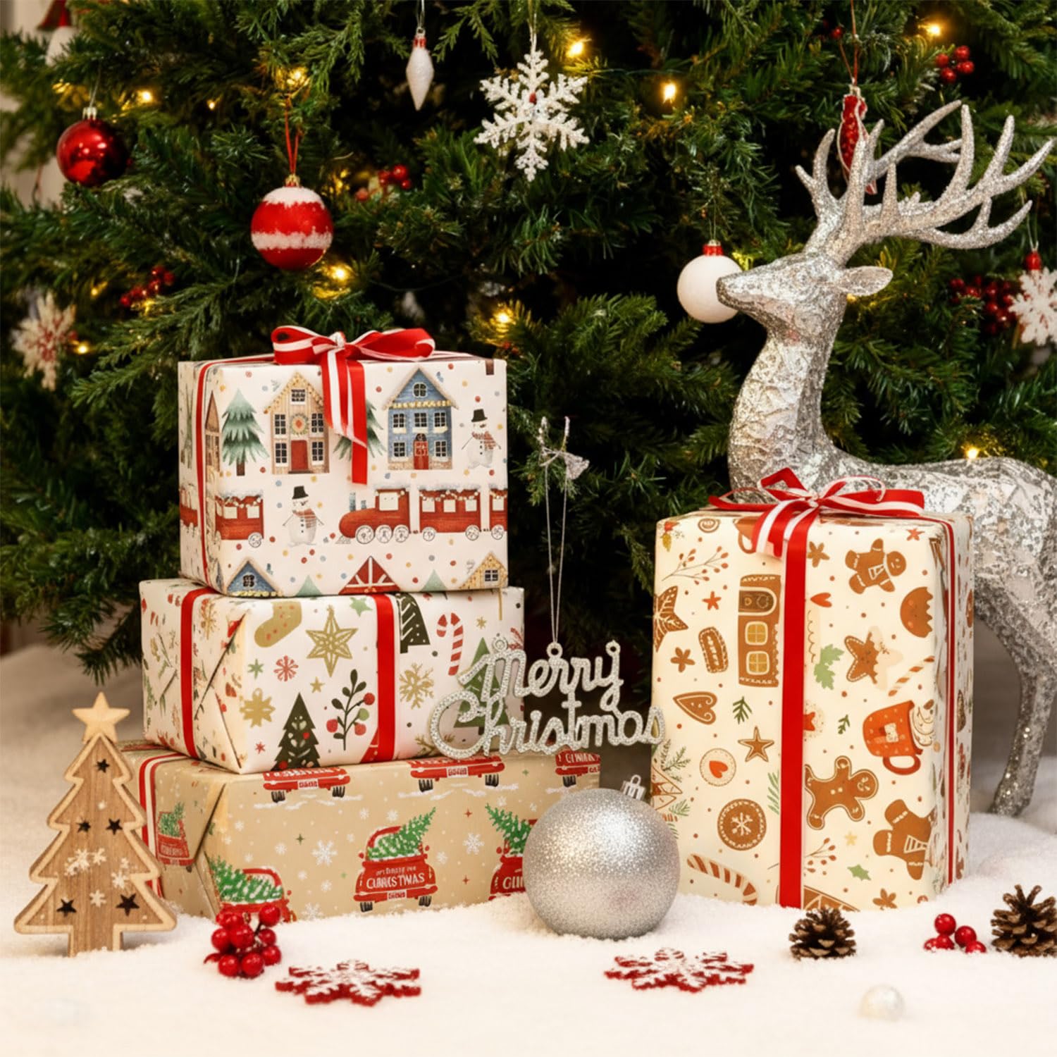 ZDSPIDE Weihnachts-Geschenkpapier-Set für Kinder und Erwachsene, 12 Jumbo-Blätter (50 x 69,8 cm), Urlaubs-Geschenkpapier mit Lebkuchenhaus, Aquarell-LKW, Weihnachtsbaum und Zug