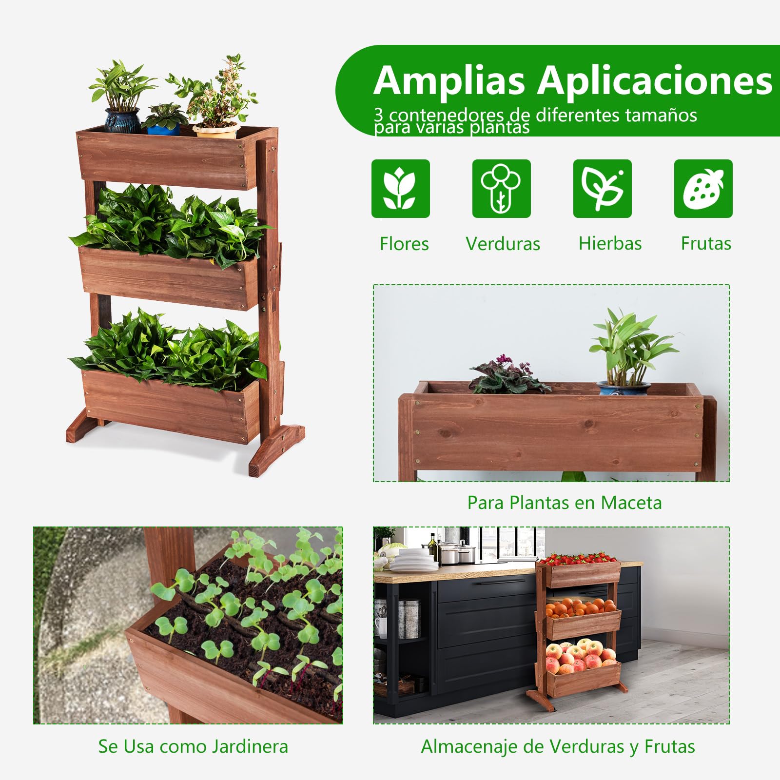 GOPLUS Jardinera Vertical de Madera de Abeto 3 Niveles, Cama Elevada de Jardín con Agujeros de Drenaje y Ángulo Ajustable, para Plantas Flores Verduras Macetas, Balcón Terraza, 71x38x105cm