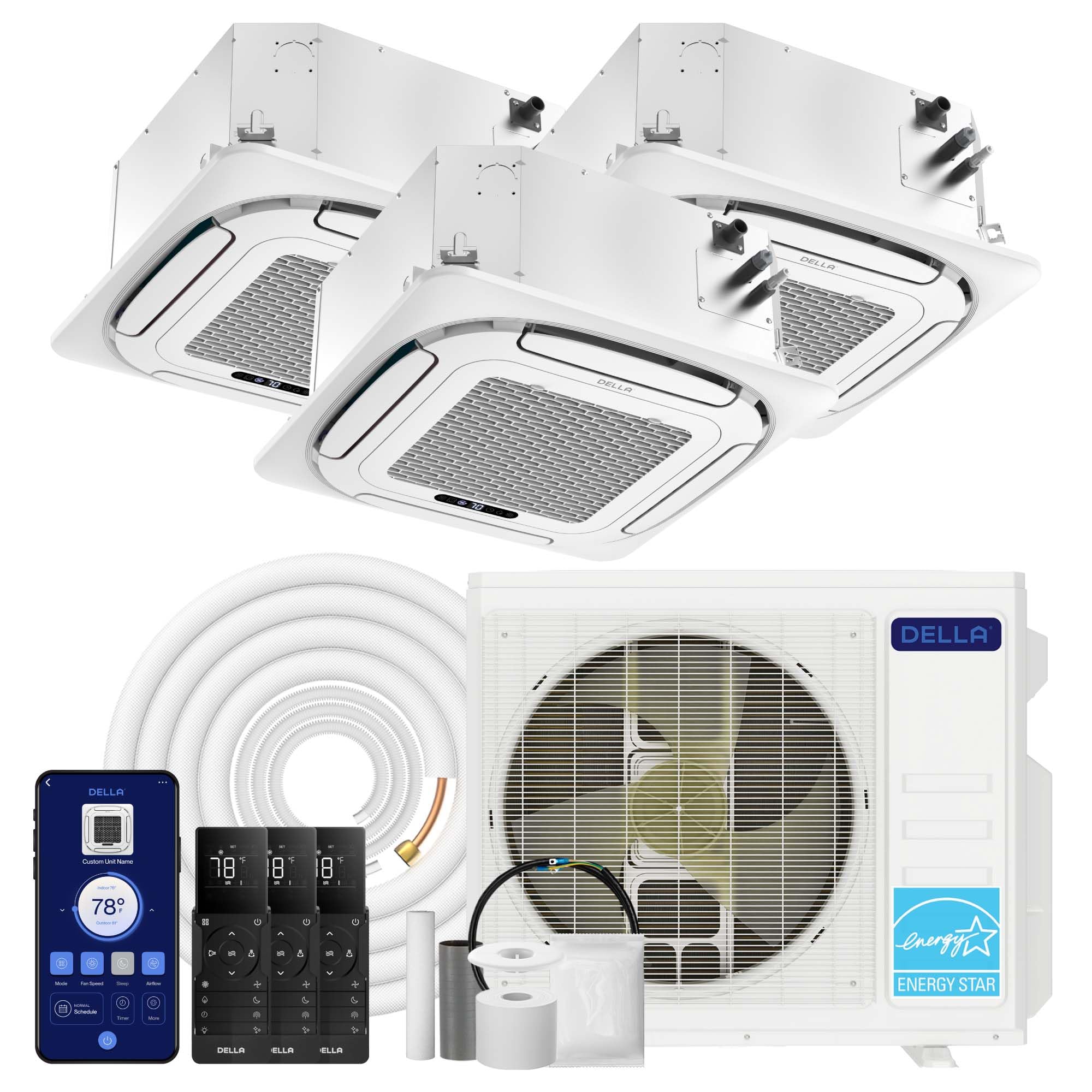 Della DELLA 27,000 BTU 3 Zone (3x12,000 BTU) Ceiling Cassette Mini Split AC, Ultra Heat -13℉, 8-way 360° Airflow, Covers 1650 Sq.Ft, Energy Star, 24 SEER2 230V,Work with Alexa,Pre-Charged Heat Pump,25ft Kit