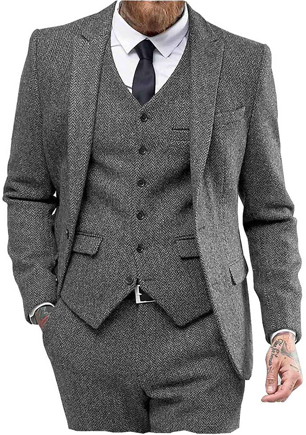 Abito vintage da uomo, 3 pezzi, in tweed a forma di pesce, ballo, smokings, blazer in pizzo