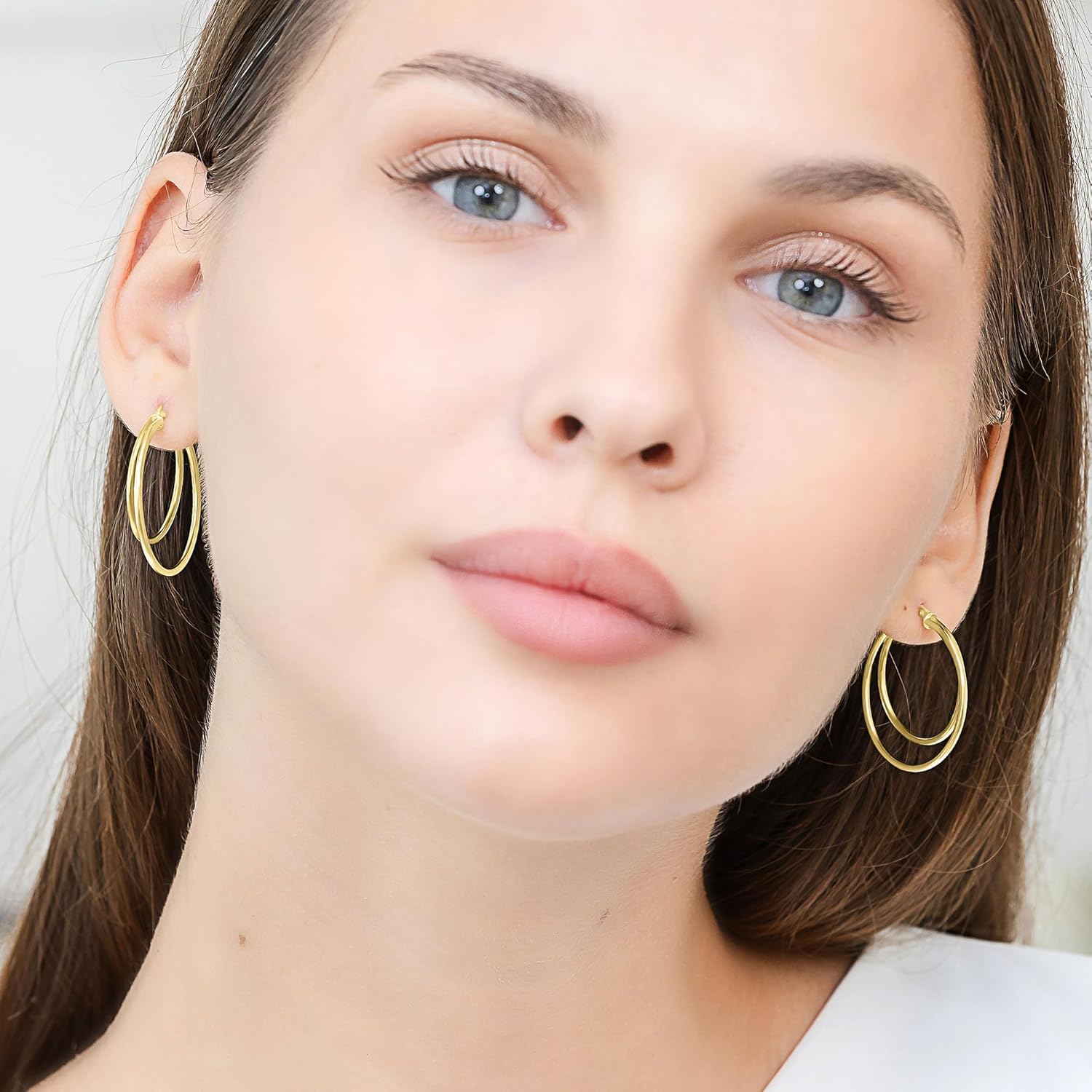 Hoops & Loops 925 Sterling Silver Double Circle Hoop Earrings for Women - 30mm Layered Stacked Circle Round-Tube Click-Top Hoops, Two-Tone 14K Yellow Gold, Rose Gold Flash Plated, Black - Image 4
