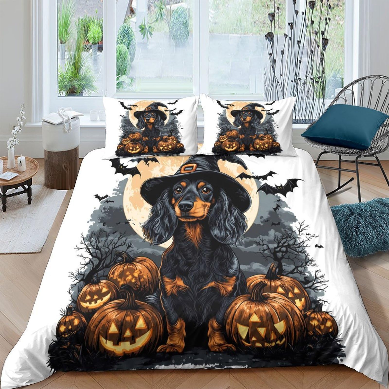 Ctjqhvkz Style-9 3D Printed Halloween Dachshund Witch Fitted Sheet Microfiber Pumpkin Bed Cover For Bedroom Guest Room Decor Single（135X200cm）