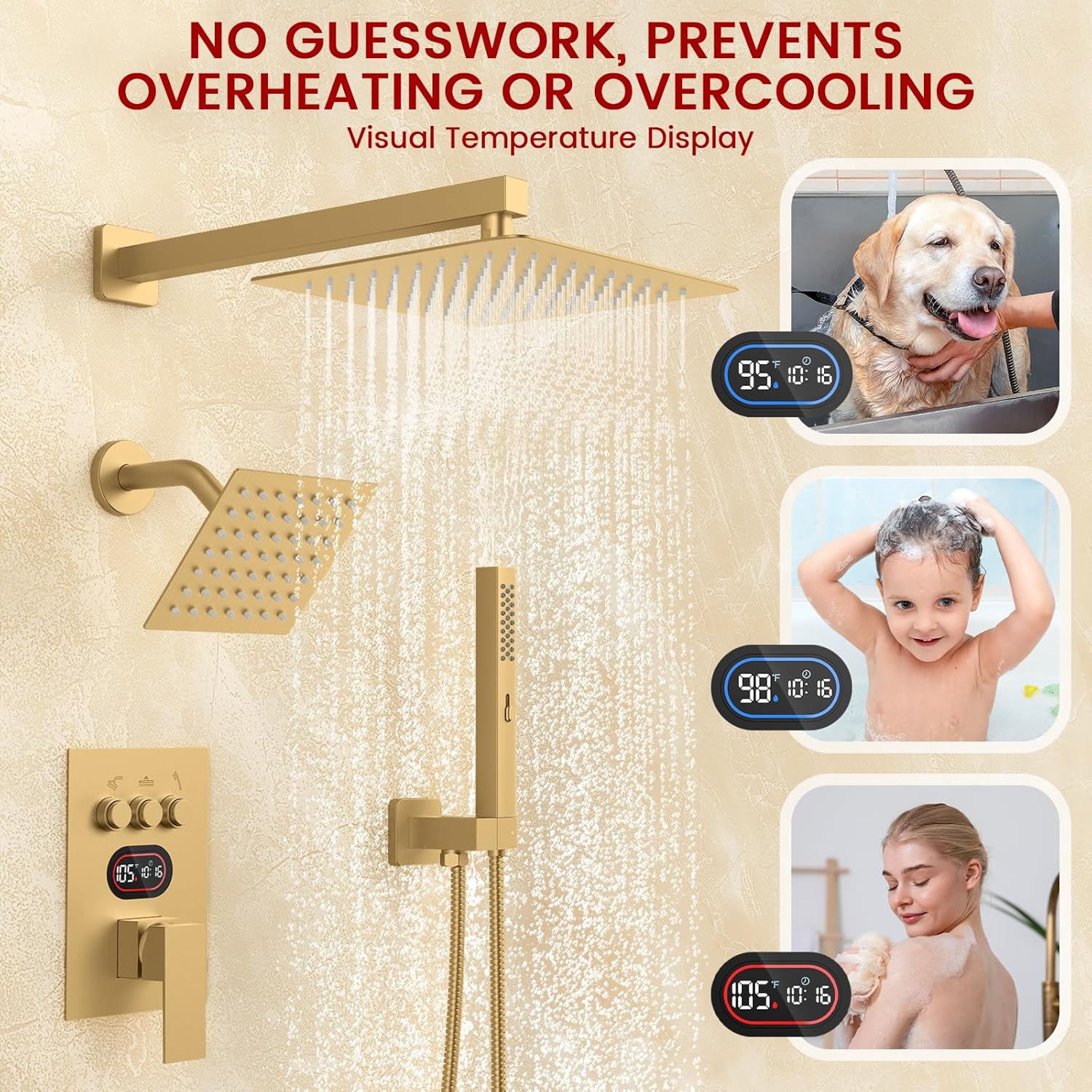 Push Button Diverter Shower Faucet Set Hydro Power Temperature Display, Shower System Wall Mounted 10" & 6" Shower Head with 3-Spary Handheld, Shower Fixtures with Valve and Trim Kit, Brushed Gold