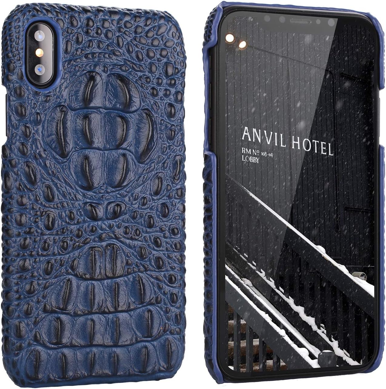 Genuine Leather Basic Case for iPhone Xs Max,Luxurious Crocodile Head Relief Premium Real Leather Handmade Case Half Wrapped Blue