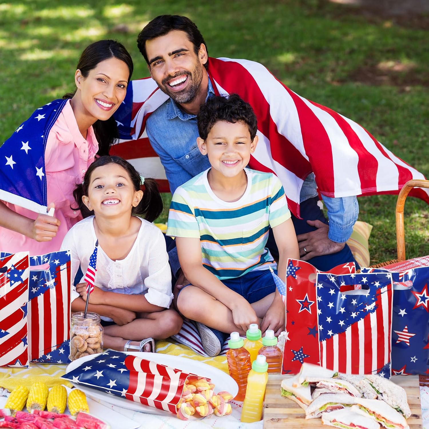 Blosssound 50 Pcs Patriotic Gift Bags 4th of July Party Favor Plastic American Flag Decorative Goodies Treat Bag with Handles for Independence Day Memorial Day Party Gift Wrapping Supplies Decor - Image 6