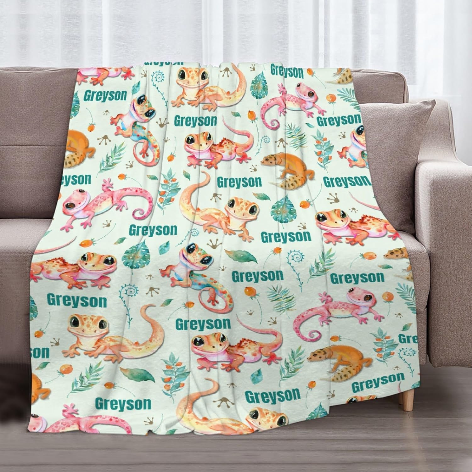 Briizy Custom Geckos Throw, Personalized Leopard Geckos Blanket Gifts, Customized for Couch/Sofa/Travel/Camping, Reptile Animal Throw Blanket Gifts, 60"x80" - Adults/Twin Size